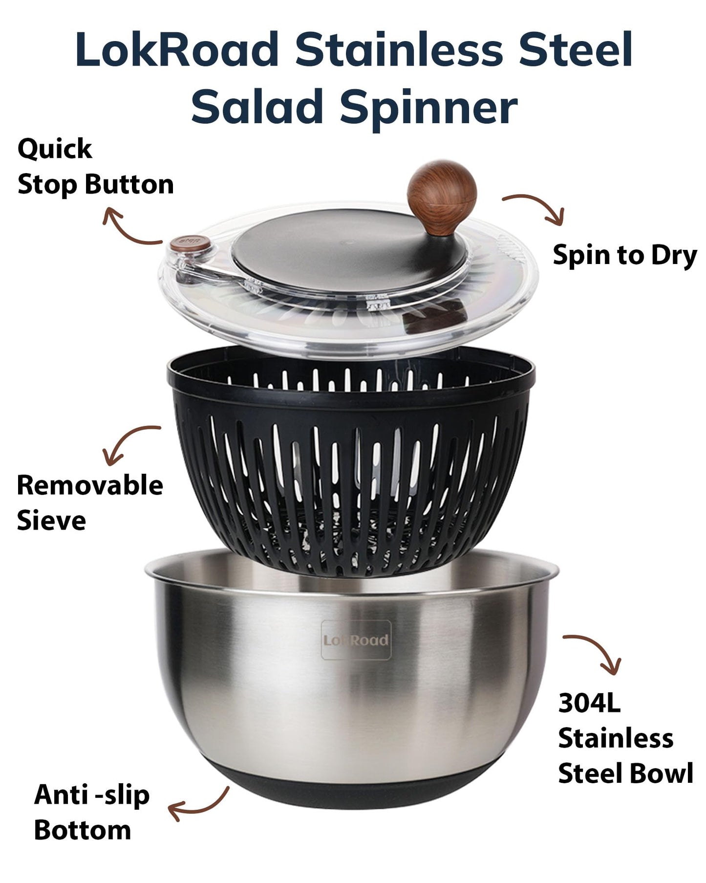 LokRoad Stainless Steel Salad Spinner, 5.3 Qt Large Lettuce & Vegetable Cleaner with Non-Slip Bottom, Quick Stop Button, Dishwasher Safe Fruit Washer, BPA-free, Black