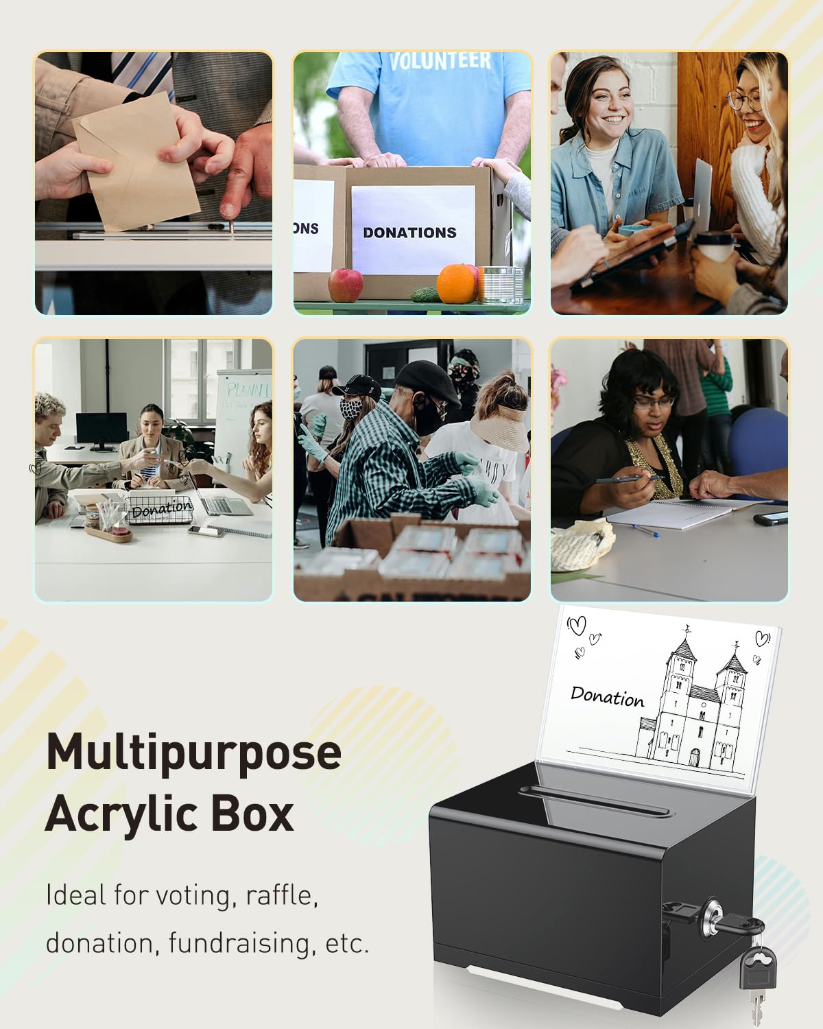 Uniclife 3 Pack Black Acrylic Donation Box for Fundraising Suggestion Box with Slot and Lock Plastic Ballot Box with Sign Holder Storage Container for Voting Charity Tip Collection, 6.2" x 4.7" x 4"