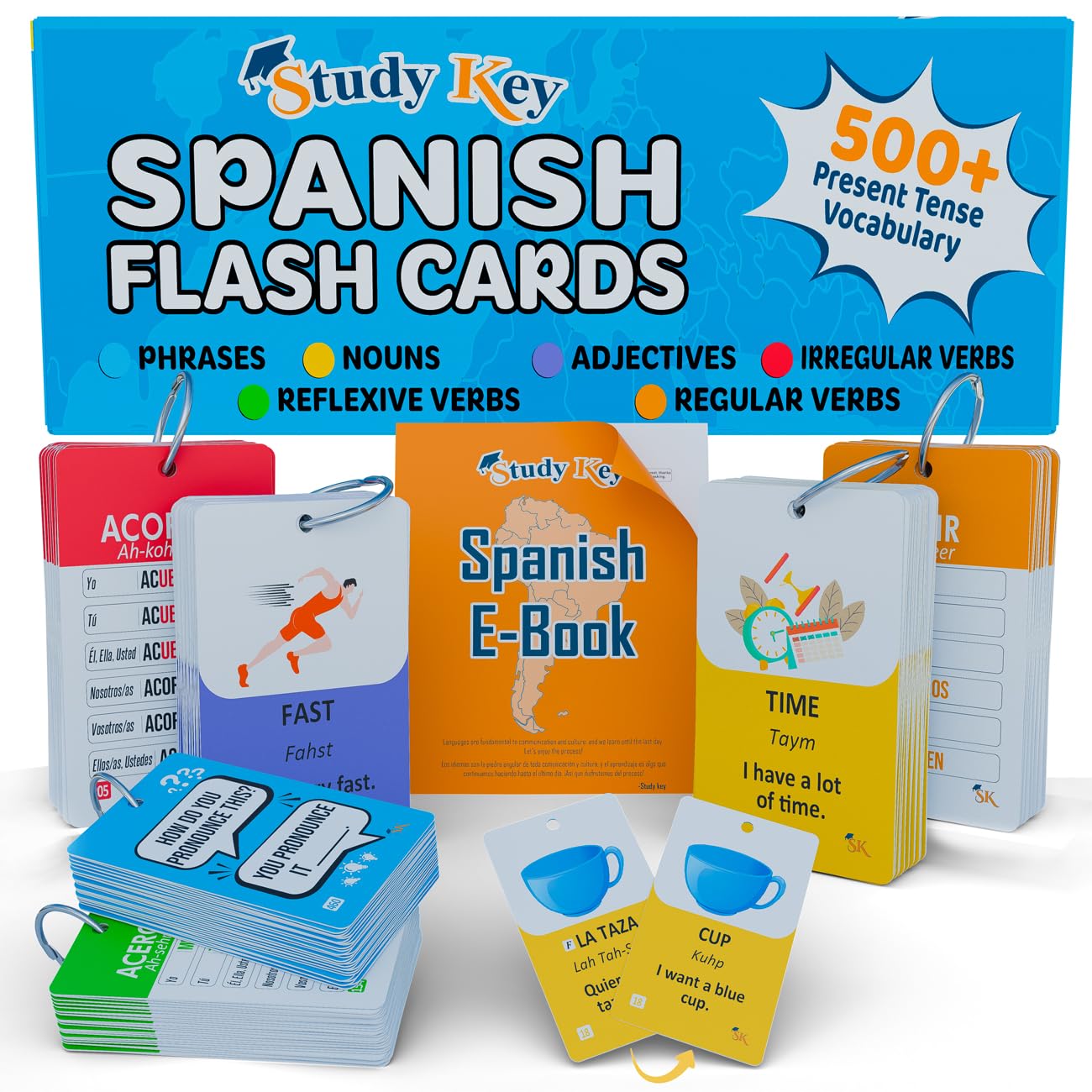 500+ English-Spanish Flash Cards for Adults and Kids 15+, Verb Conjugation, Nouns, Adjectives, and Phrases to Learn Spanish for Adult Beginners