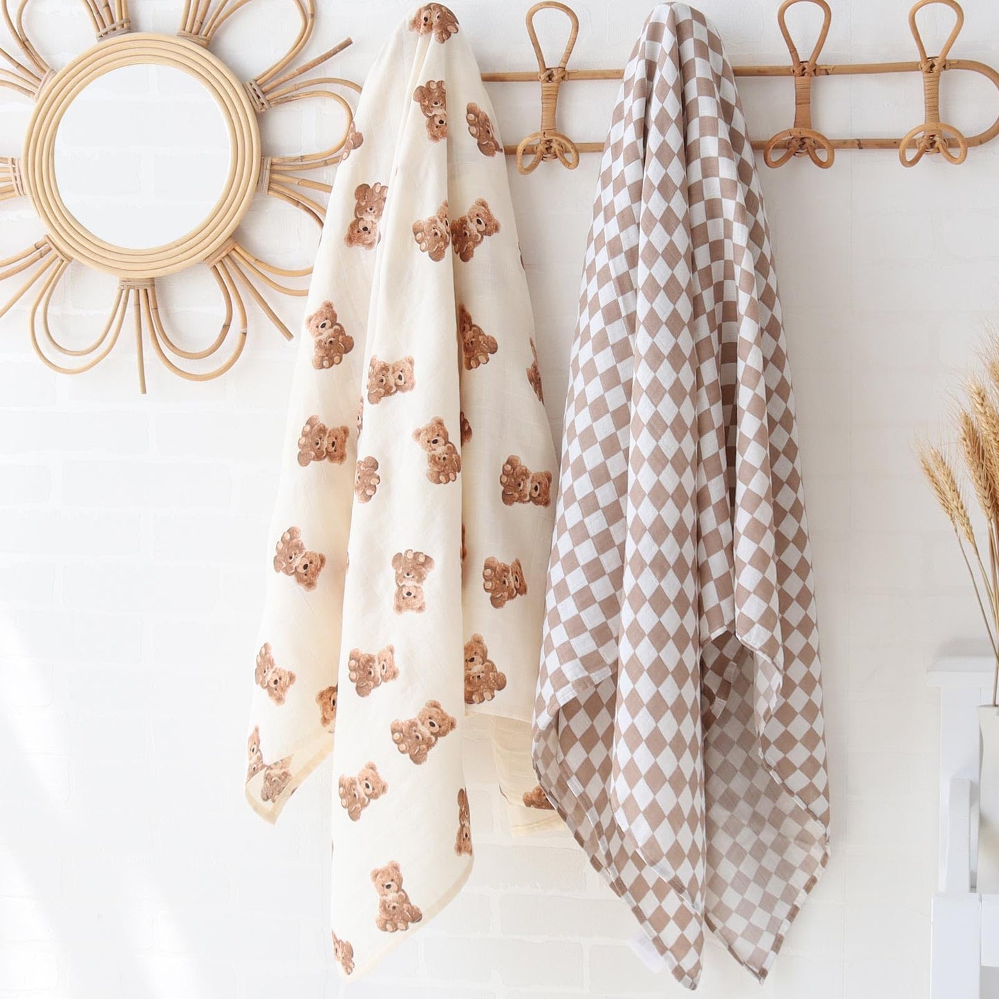 LifeTree Muslin Swaddle Blankets Neutral, Baby Swaddling Wrap Nursery Blanket for Boys & Girls Unisex, Soft 70% Viscose from Bamboo and 30% Cotton, Large 47 x 47 inches, Bear & Checkered Coffee