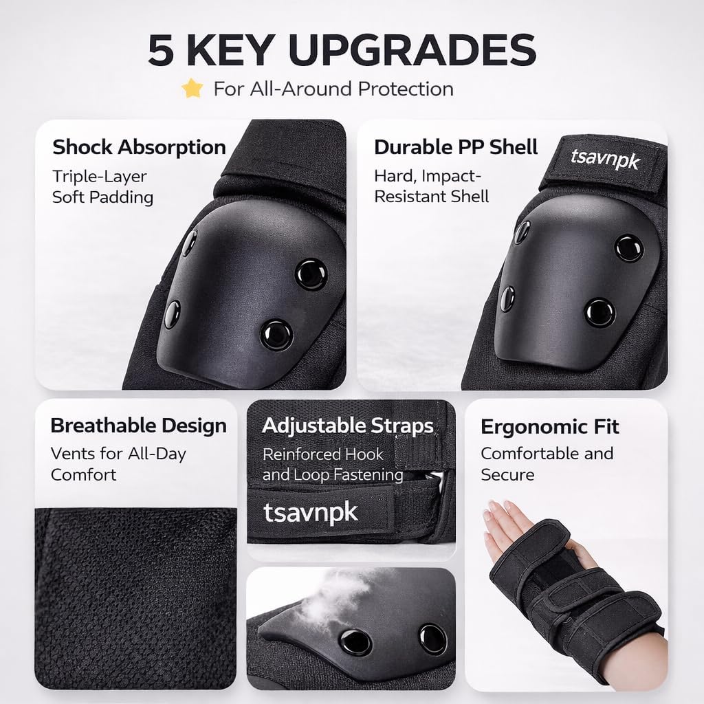 Adult Knee Pads and Elbow Pads Set with Wrist Guards, 6 in 1 Protective Gear for Skateboarding, Roller Skating, Inline Skating, Scooter, BMX, Adjustable Pads for Men Women(Black, X-Large)