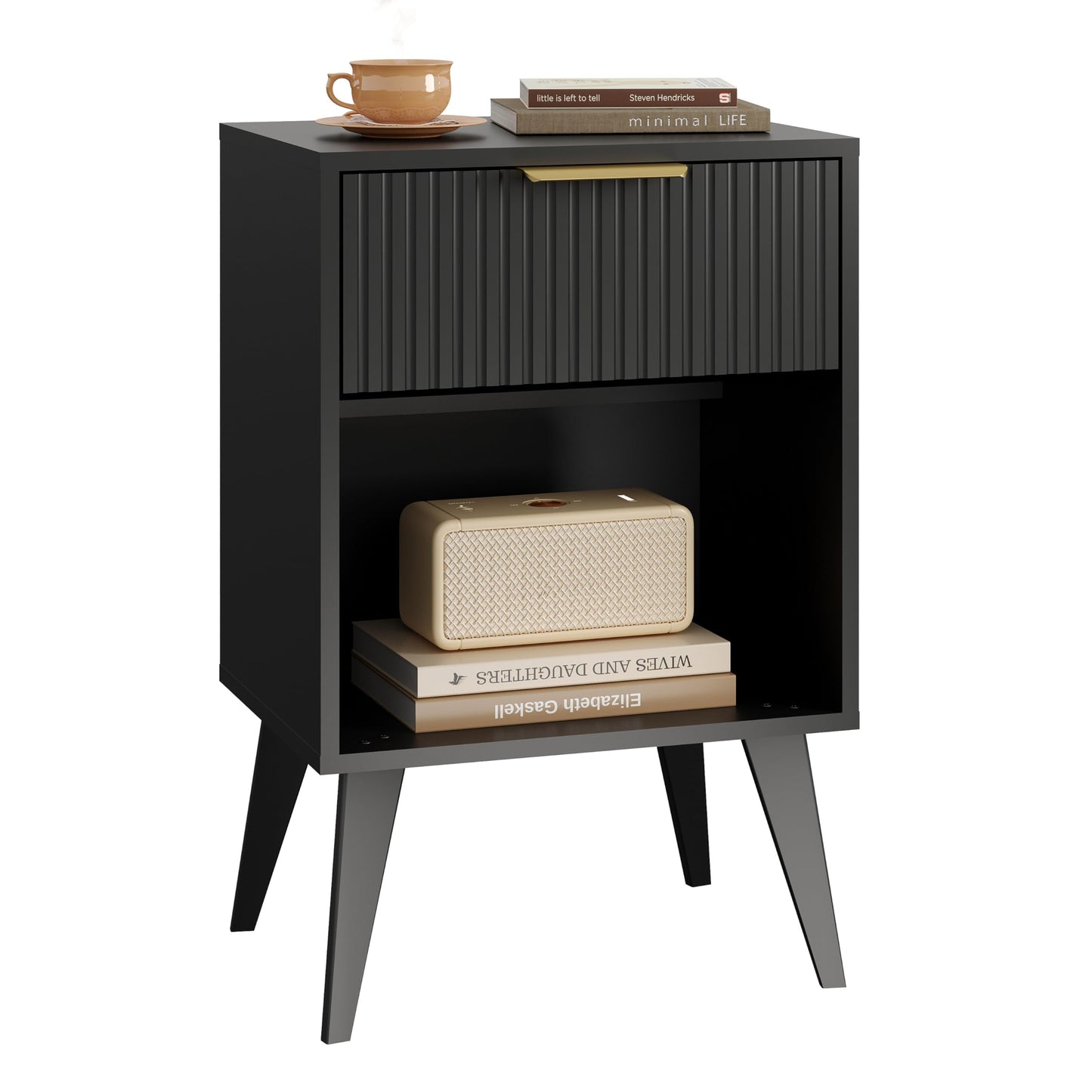 Fluted Night Stand with Opening Storage,Mid Century Bedside Table with Drawer,Modern Nightstand with Solid Wood Legs,End Table Side Table for Living Room,Bedroom,Black CAACTG56BK