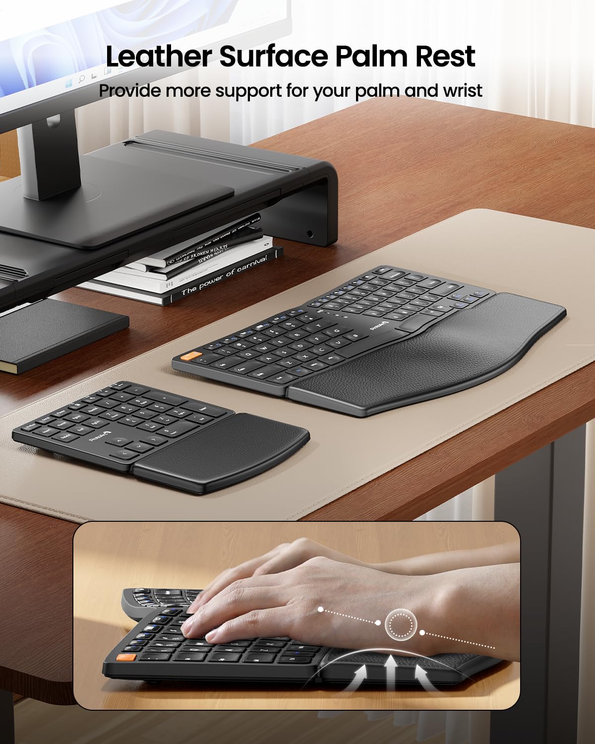 ProtoArc Wireless Ergonomic Keyboard, EK04 2.4GHz Wireless Ergo Keyboard with Separate Numeric Keypad, Split Design, Wrist Rest, Rechargeable, for Desktop, PC, Laptop