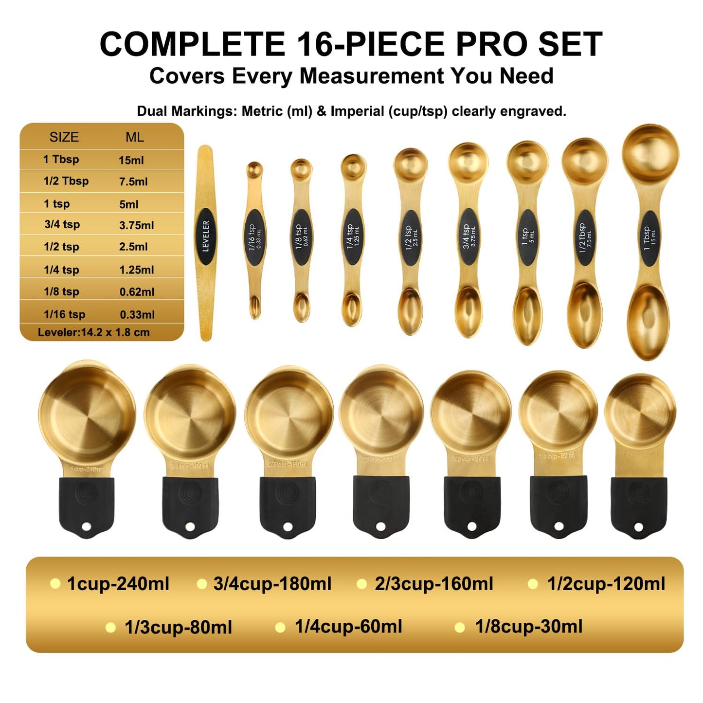 Gold Magnetic Measuring Cups & Spoons Set of 16, 7 Stainless Steel Measuring Cups, 8 Double-Sided Measuring Spoons & 1 Leveler, Premium Finish Baking Tools Kitchen Gadget for Dry & Liquid Ingredients