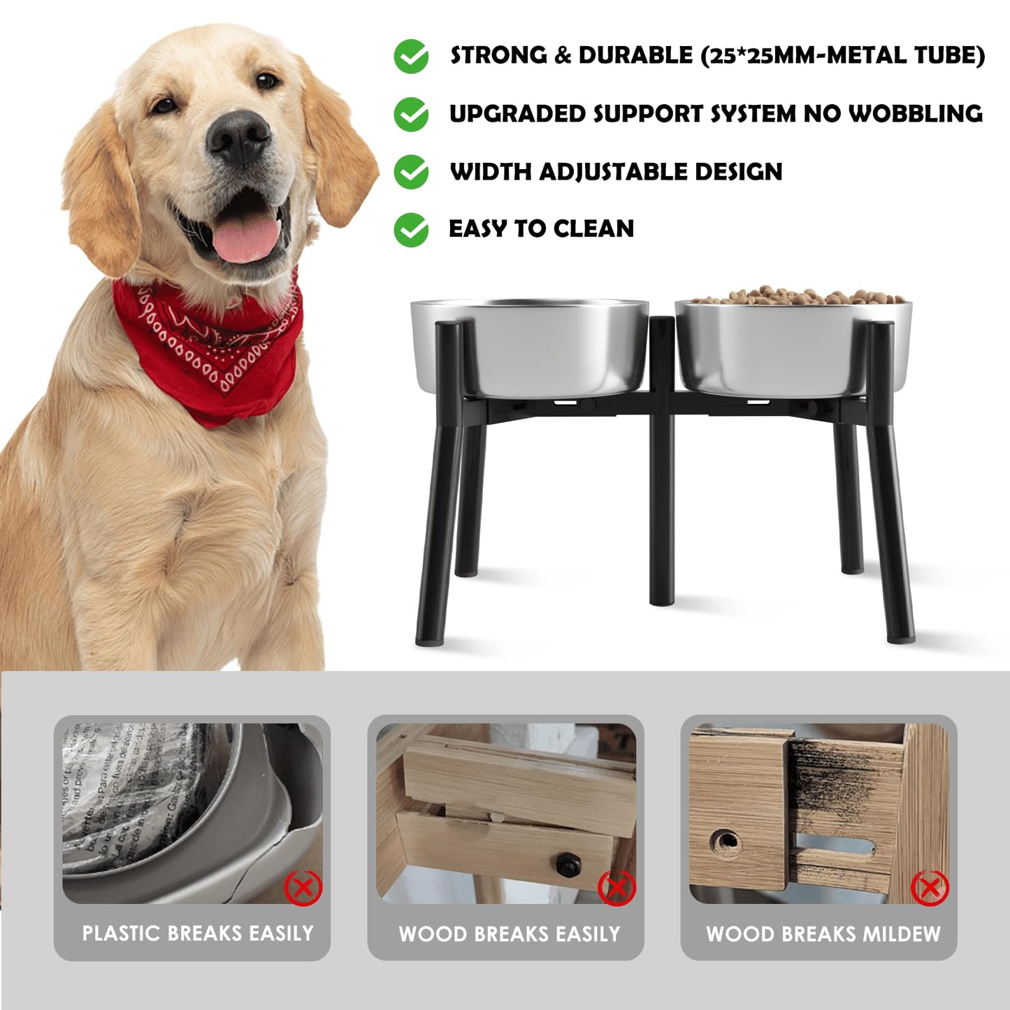 TIDANT Adjustable Raised Dog Bowl Stand for Medium & Large Dogs – 11" Tall Elevated Feeder Fits 7–10.6" Wide Bowls, 2-in-1 Dog Food & Water Bowl Holder (Bowls Not Included)