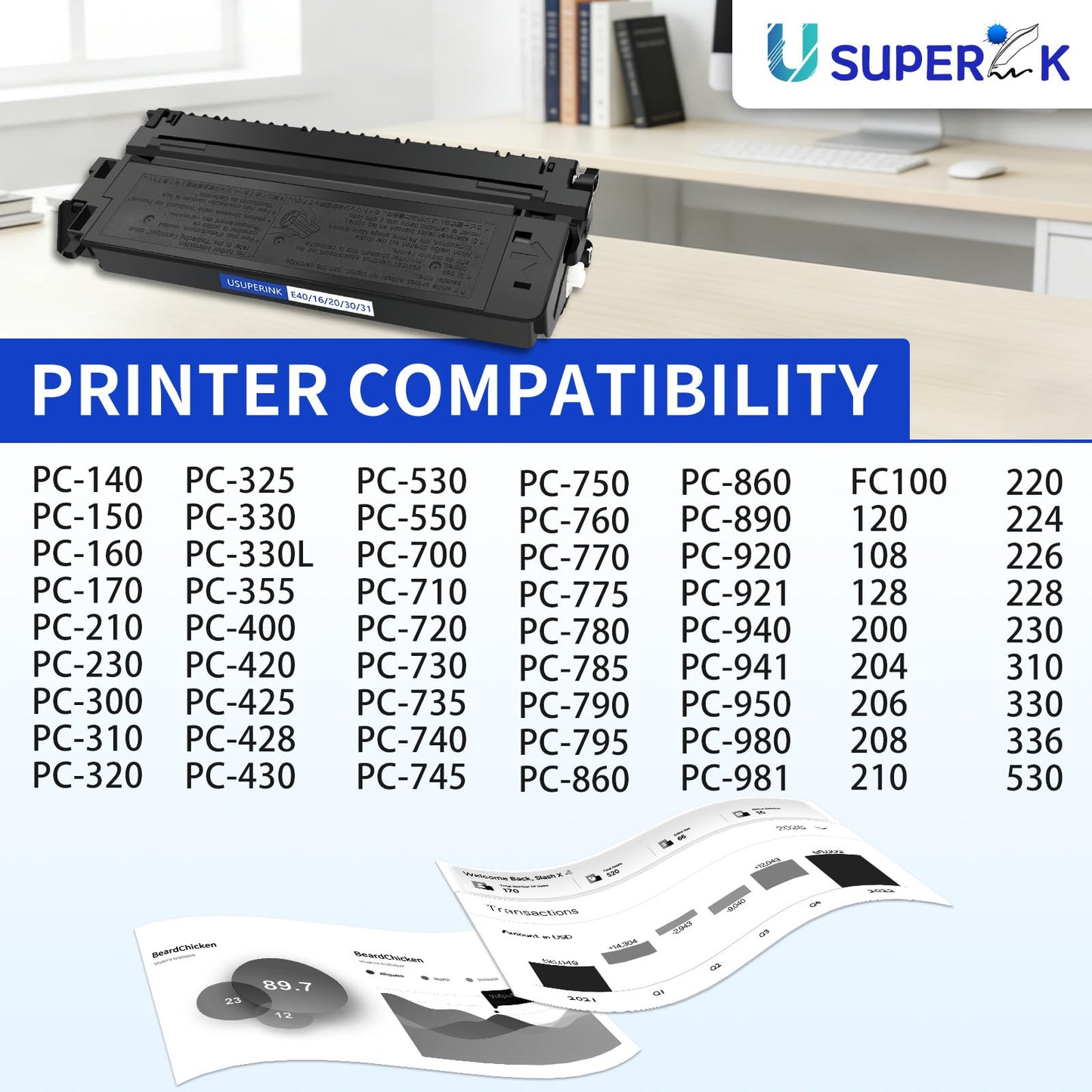 USUPERINK Compatible for Canon E40 E30 E31 E16 E20 1491A002AA Black Toner Cartridge for PC140 PC170 PC310 PC325 PC940 PC980 Copy Machines (4,000 Pages)