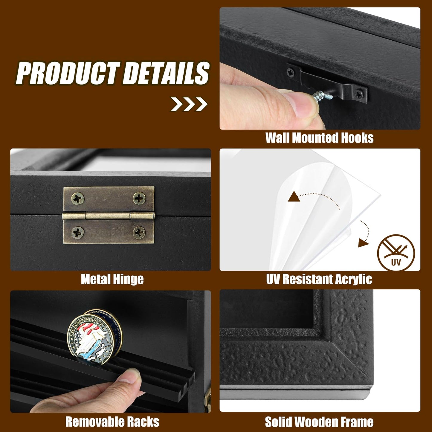 ULTRGEE Challenge Coin Display Case, Coin Collection Display Stand for Wall Military Medal Shadow Box Display Cabinet with Removable Dual Recessed Shelves and Acrylic Panel -Black