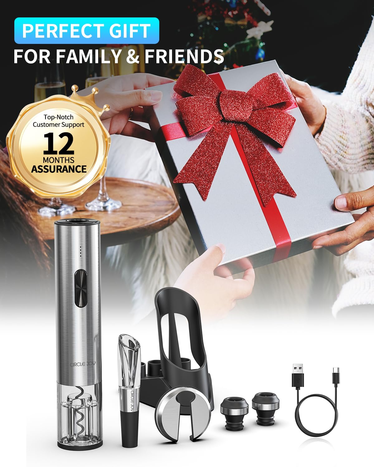 CIRCLE JOY Electric Wine Opener 7-in-1 Stainless Steel Rechargeable Electric Wine Bottle Opener Gift Set with Vacuum Pump, Foil Cutter, Wine Pourer, 2 Vacuum Stoppers & Charging Station