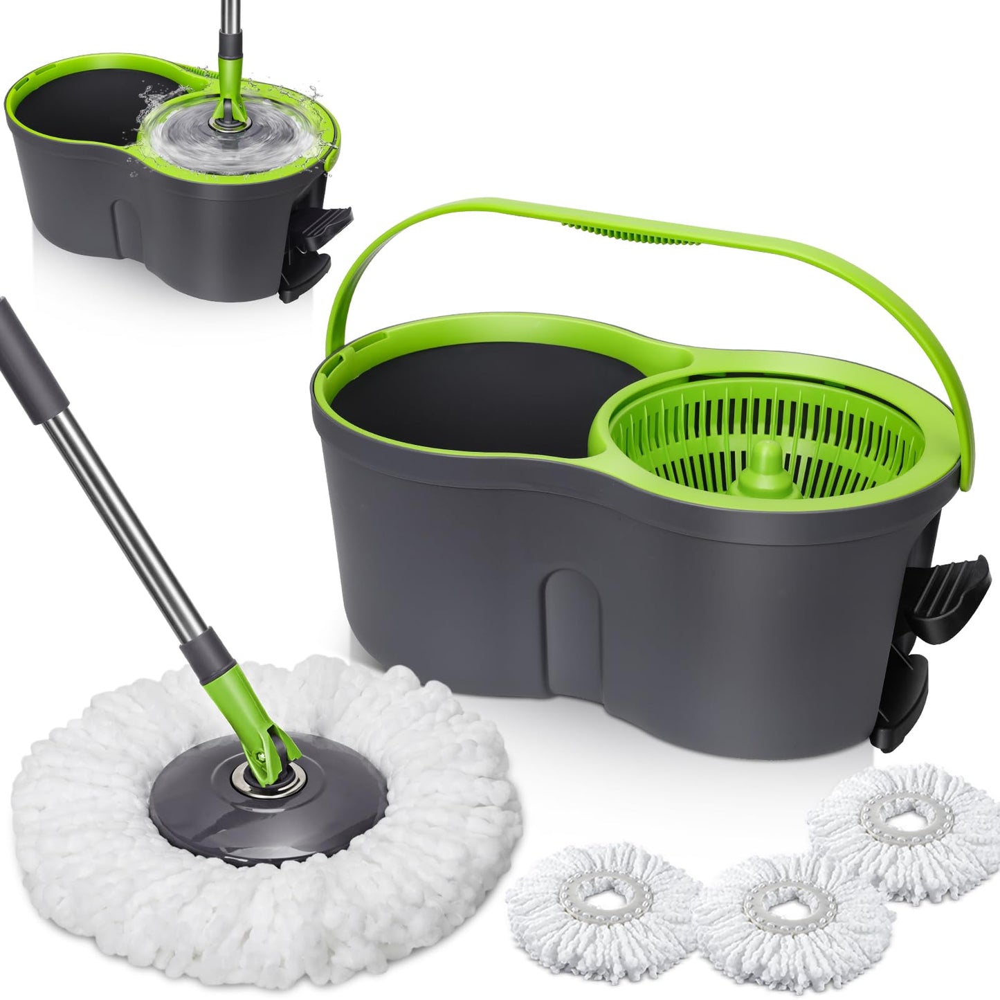 Almcmy Spin Mop and Bucket Set, Mop Bucket with Foot Pedal Wringer System, 3 Reusable Mop Refills, 130cm Long Handle, Easy Wring Magic Mop Floor Cleaning System, Green