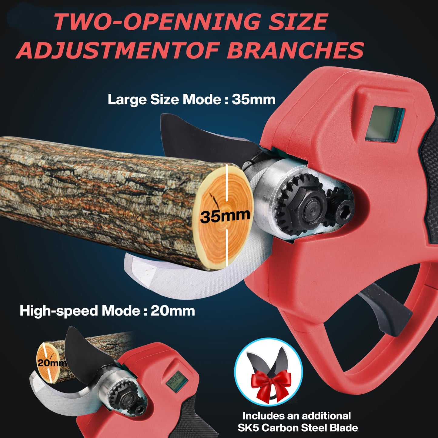 Electric Pruning Shears Cordless, 35mm (1.38") Cutting Diameter 2 SK5 Blades, Lightweight 21V Battery Powered Pruner with 2×2.0Ah Batteries, Brushless Motor, LCD Display, Garden Tree Branch Cutter