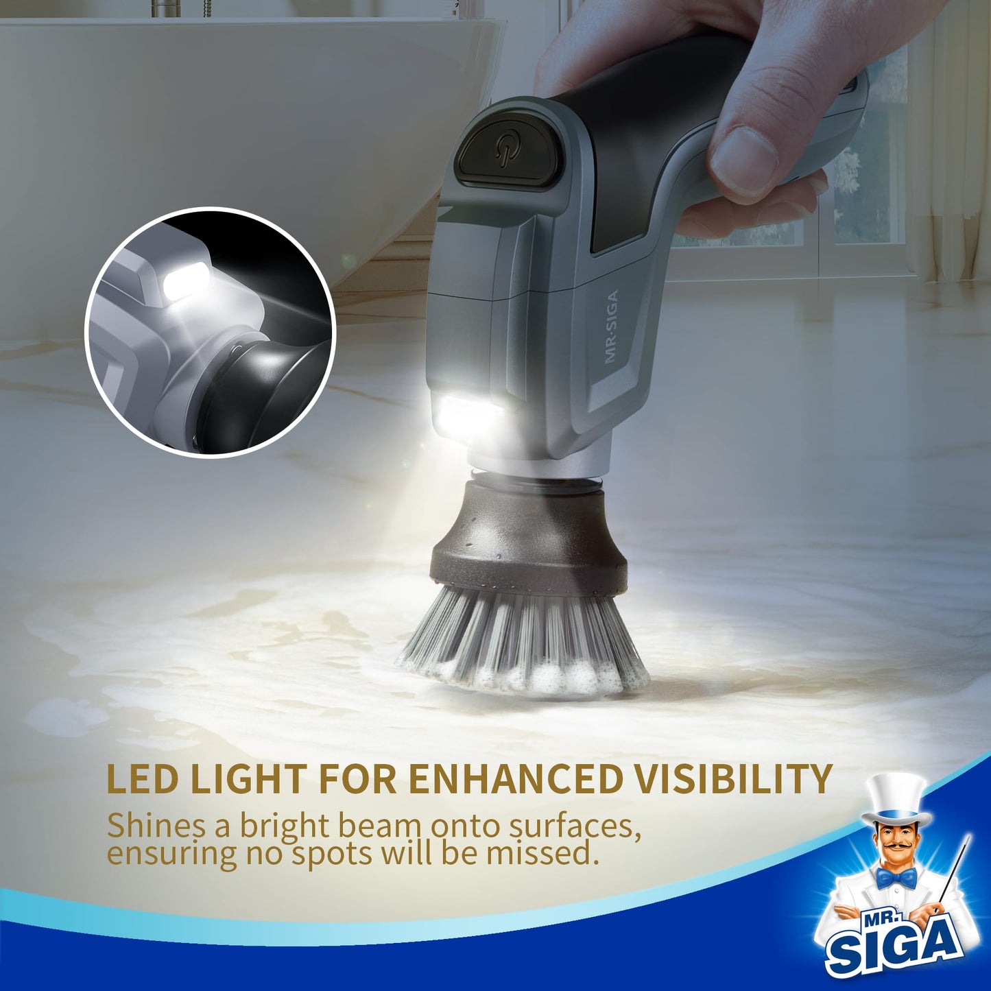 MR.SIGA Electric Spin Scrubber, Cordless Spin Scrubber with 5 Replaceable Cleaning Brushes and Pads, Powerful and Waterproof, Rechargeable Spin Scrubber for Bathroom, Kitchen, Tile, Sink