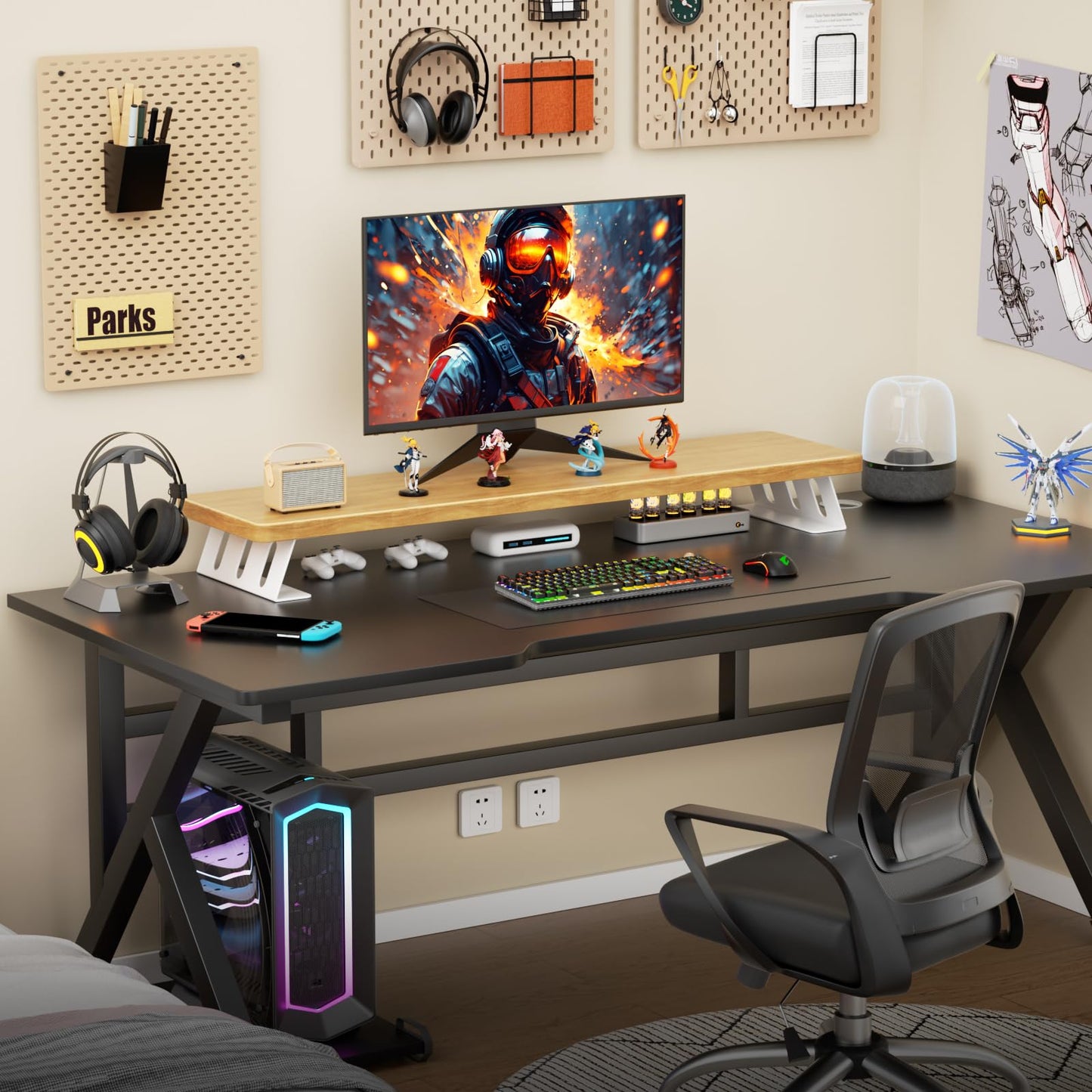 NestNeat Dual Monitor Stand, 39 Inch Large Wood Monitor Stands for 2 Monitors, Desktop Monitor Riser with Metal Support for Computer/Laptop/Printer/TV (Oak, 100cm)
