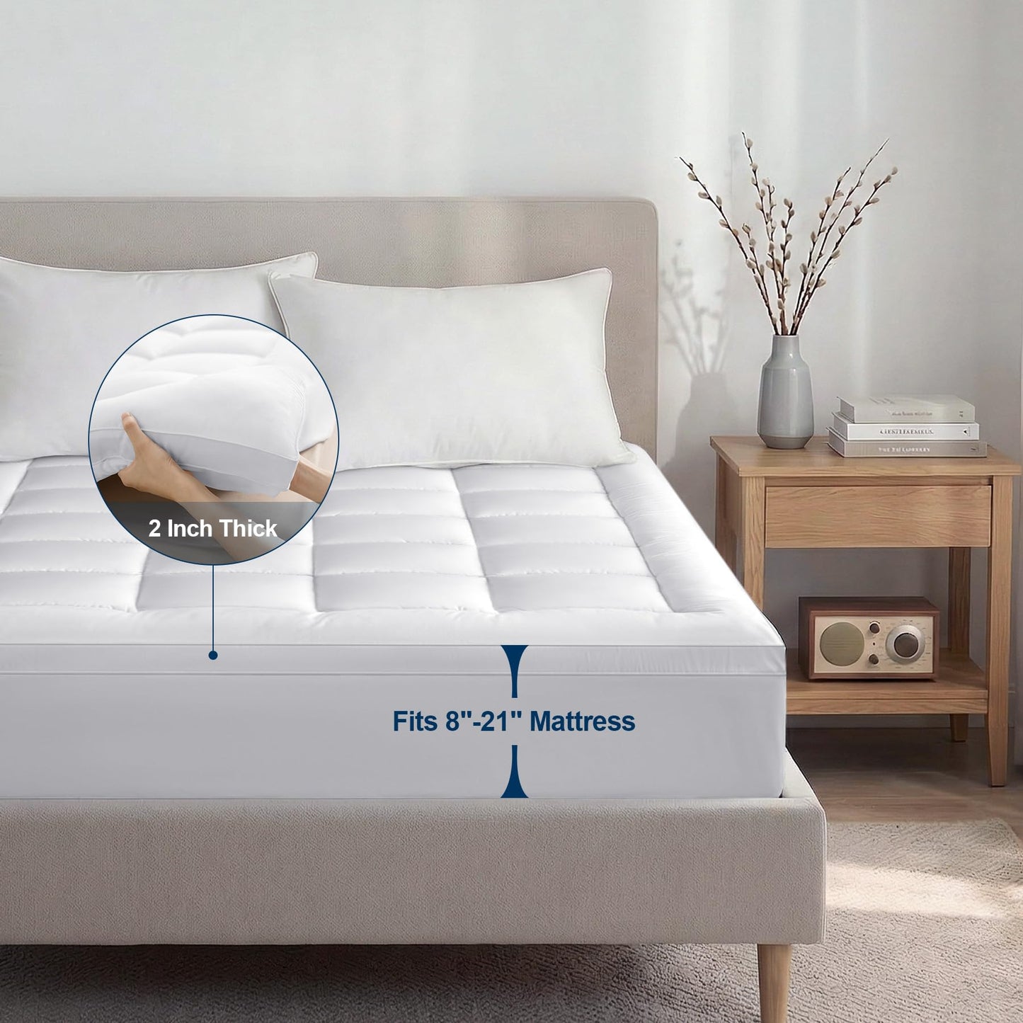 SunNewt Mattress Topper 800GSM,Breathable Plush Pillow Top Mattress Pad Cover,3D Air Bed Mattress Protector Fitted 8"-21" Pocket Mattress (White, Full)