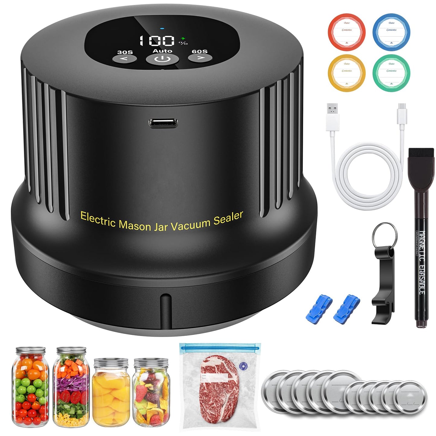 Mason Jar Vacuum Sealer Kit-Fully-Automatic-Canning-Jar-Sealer-Vacuum-Sealing,2025 Upgraded Electric Vacuum Sealer for Wide&Regular Mouth Mason Jars/Canning &Sous Vide Bag/Jar Sealer Machine for Food
