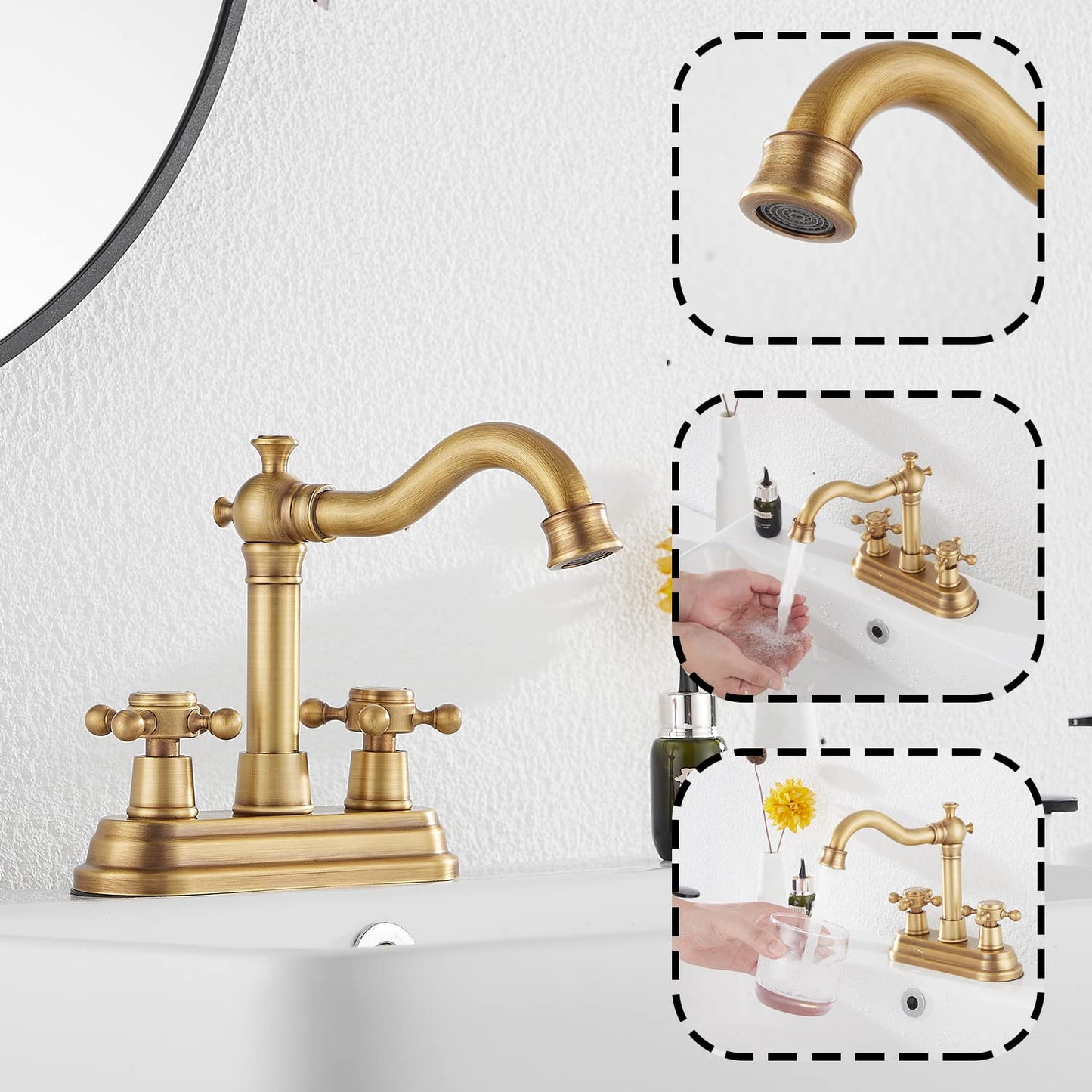 Bathroom Faucet Antique Brass GGStudy 2 Handles 4 Inches Centerset Faucet Bathroom Vanity Faucet with Drain Assembly and Supply Hose Lavatory Faucet Mixer Double Handle Tap Deck Mounted