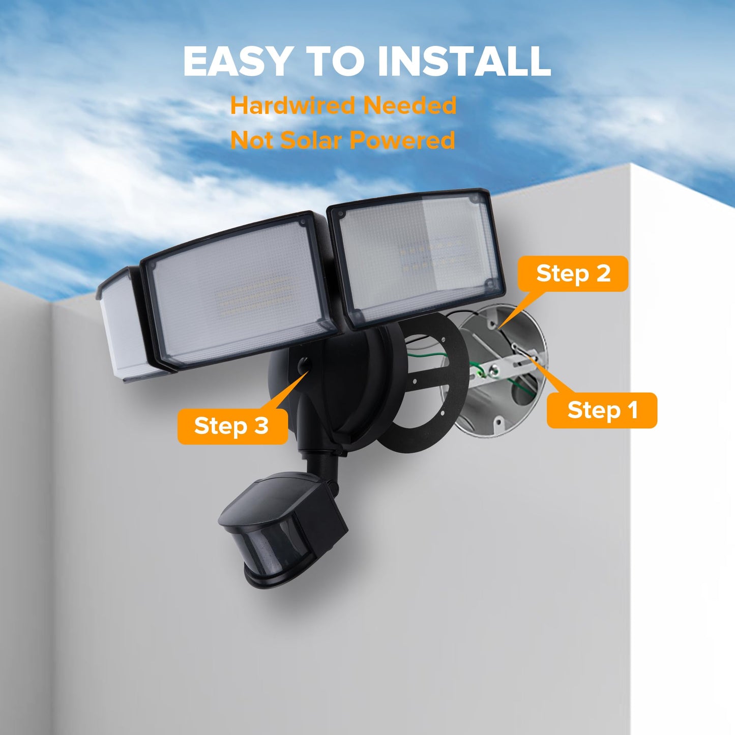 UME 4500LM LED Security Lights Motion Sensor Light Outdoor, 5000K Daylight, IP65 Waterproof, Dusk to Dawn, 3 Head Motion Detected Flood Light for Garage, Yard, Porch (Black)