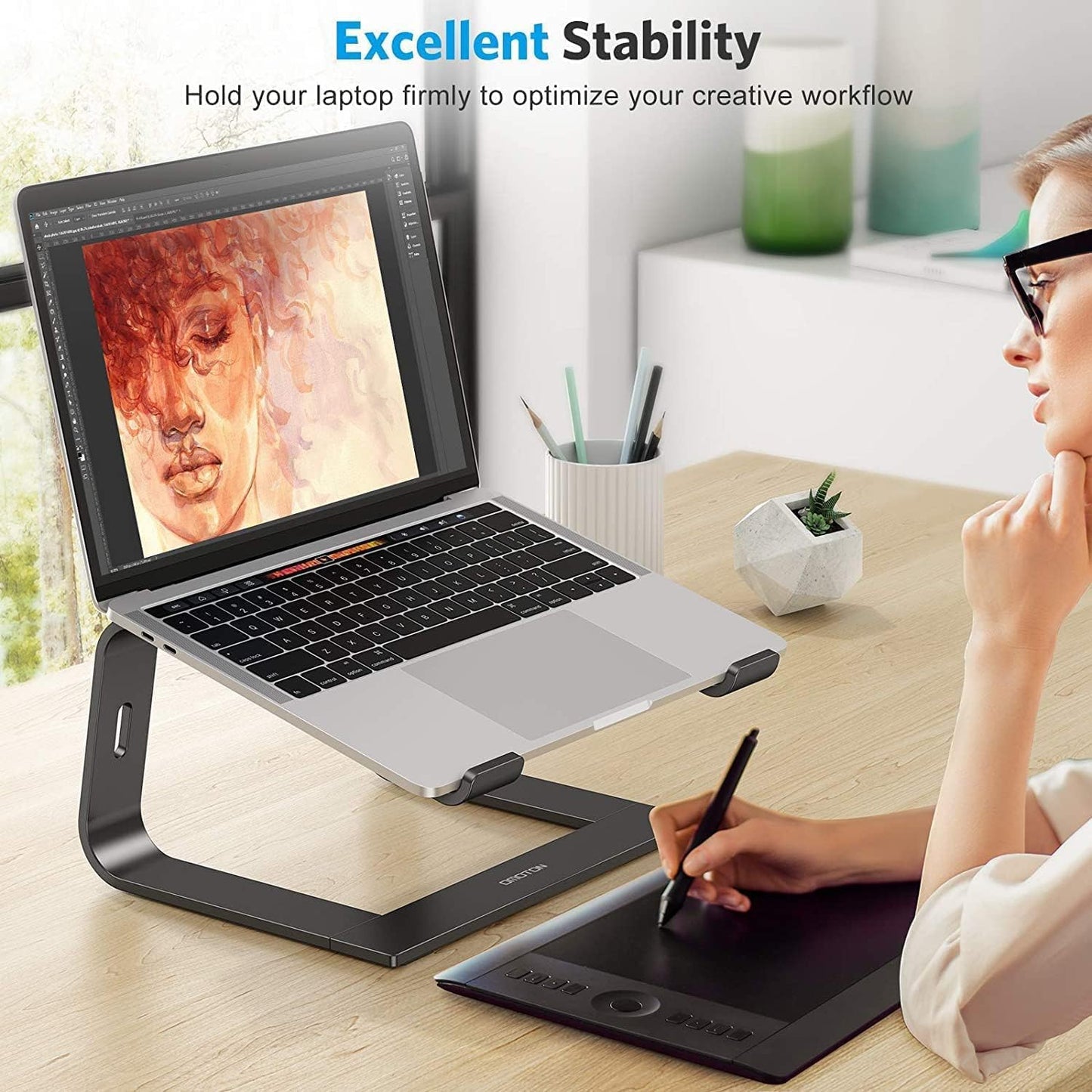 Laptop Stand, OMOTON Laptop Mount, Aluminum Laptop Holder Riser Stand for Desk, Compatible with MacBook Air/Pro, Dell, HP, Lenovo and All Laptops (10-15.6 inch),Black