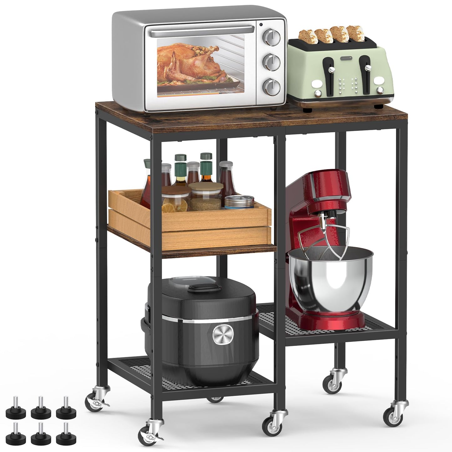 Kitchen Microwave Cart,Microwave Stand with Wheels,Coffee Bar Table Station,4-Tier Rolling Baker's Rack,Small Appliance Storage Shelf,Utility Side Table for Kitchen,Living Room (Rustic Brown)