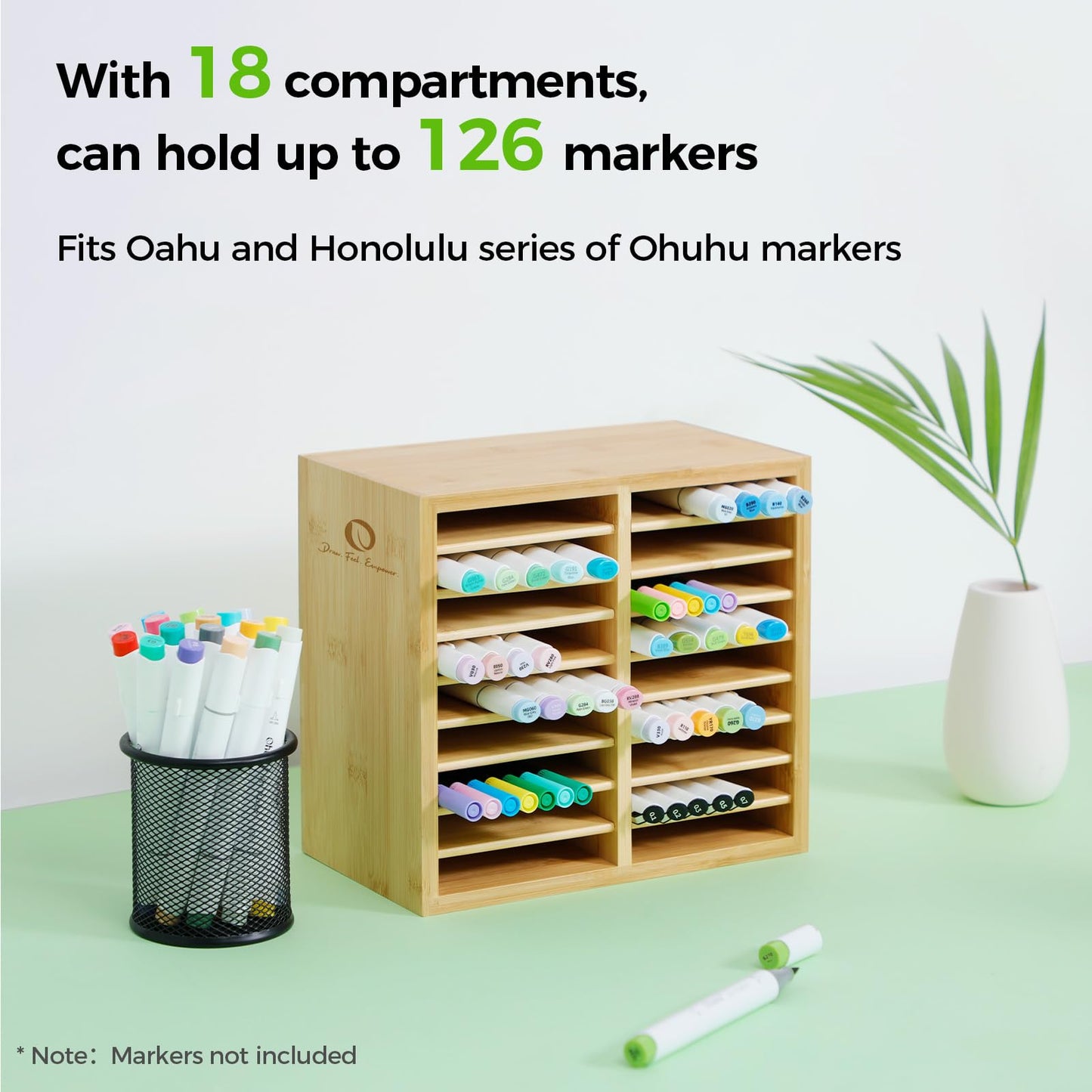 Ohuhu Bamboo Marker Organizer, Wooden Desktop Storage Hold 126 Markers, Markers Pens Pencils Art Brushes Stationary Organizer Pencil Holder with 18 Compartments