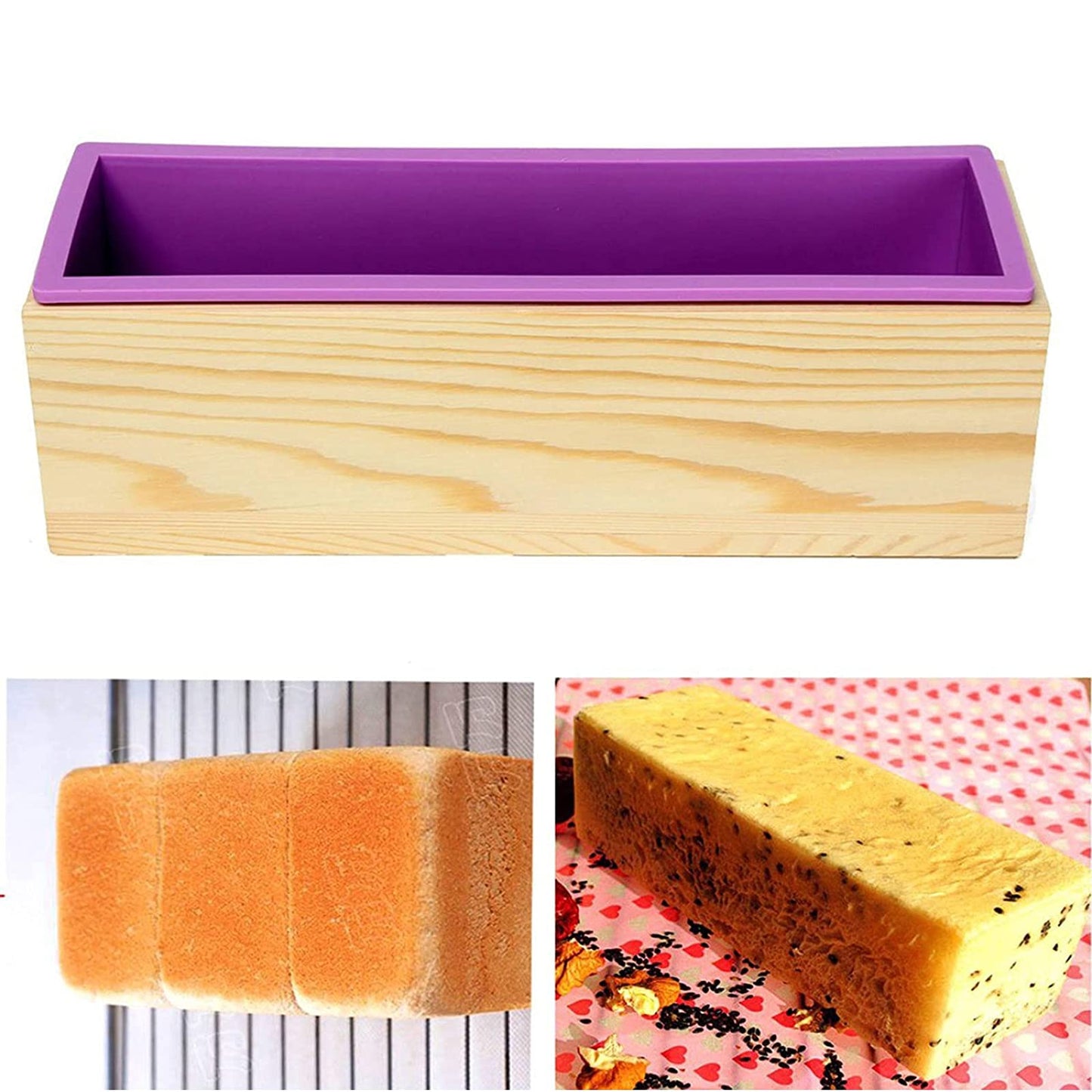 3 Pack 42oz Silicone Soap Molds, Flexible Rectangular Silicone Soap Making Tools Soap Molds Set DIY Handmade Loaf Soap Molds Kit with Wood Box For Soap Cake Candle Making(Purple)