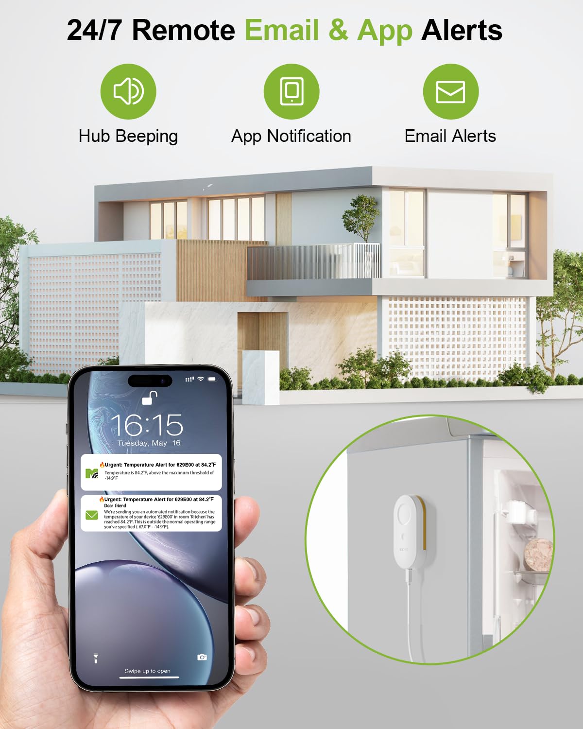 MOCREO WiFi Refrigerator Thermometer, Remote Email & App Alert, 2 Years Data Export, 1 Smart Temperature Sensors Frezzer Alarm with Digital Monitor Hub for Home, Kitchen, Fridge