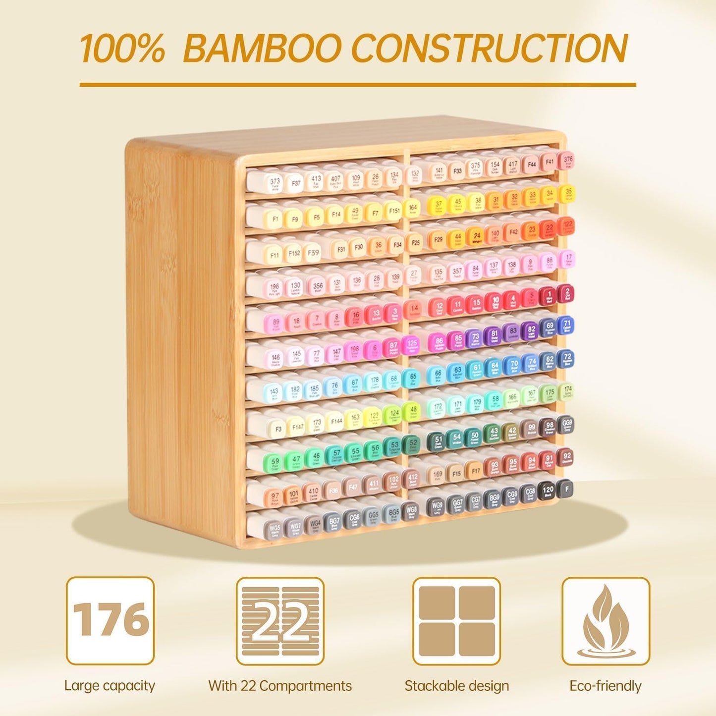 walowalo Marker Organizer Hold 176 Markers Bamboo Pen Holder Art Supply Pencil Storage 22 Compartments All-in-One Alcohol Marker Storage for Home Office Desk Classroom Birthday Gifts
