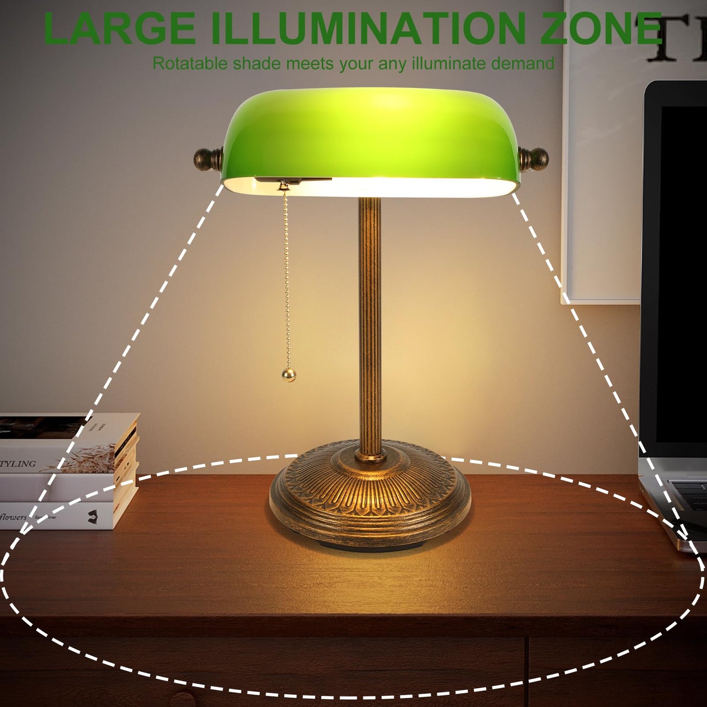 NISSAFORS Banker Desk Lamp, Green Glass Shade, Vintage Desk Lamp with Chain Switch, Retro Table Lamps for Home Office (Retro Gold+Green, Small)