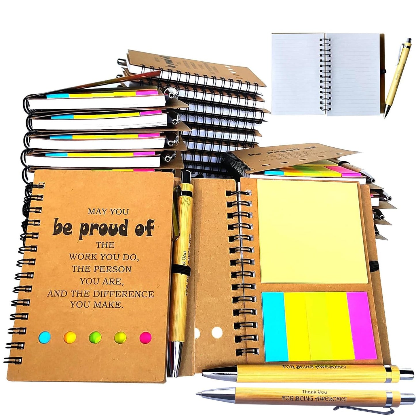 30 Sets Employee Appreciation Inspirational Spiral Notebook Journal with Sticky Note Notepad Motivational Bamboo Ballpoint Pen Bulk for Nurse Teacher Student Coworker Thank You Present (Brown 30Set)