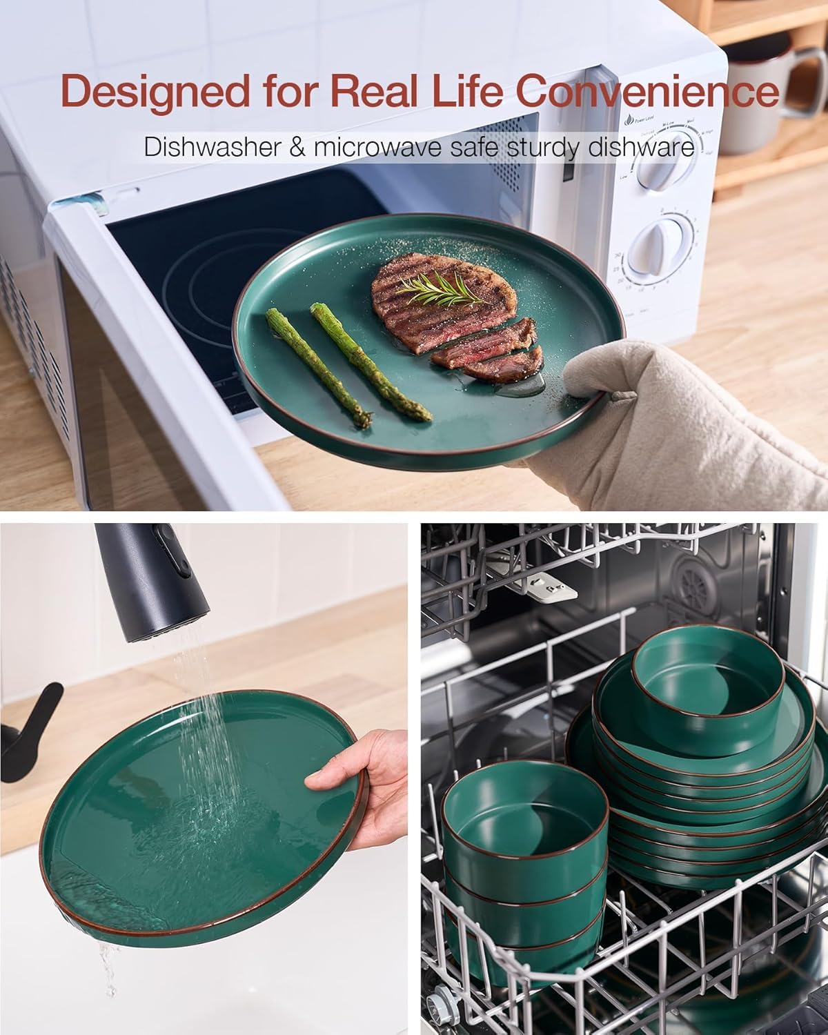 Richmount Nebula Ridge Stoneware Dinnerware Sets, Plates and Bowls Sets for 4, 12 Pieces Dishes Set, Microwave and Dishwasher Safe Kitchen Plates, Dark Green