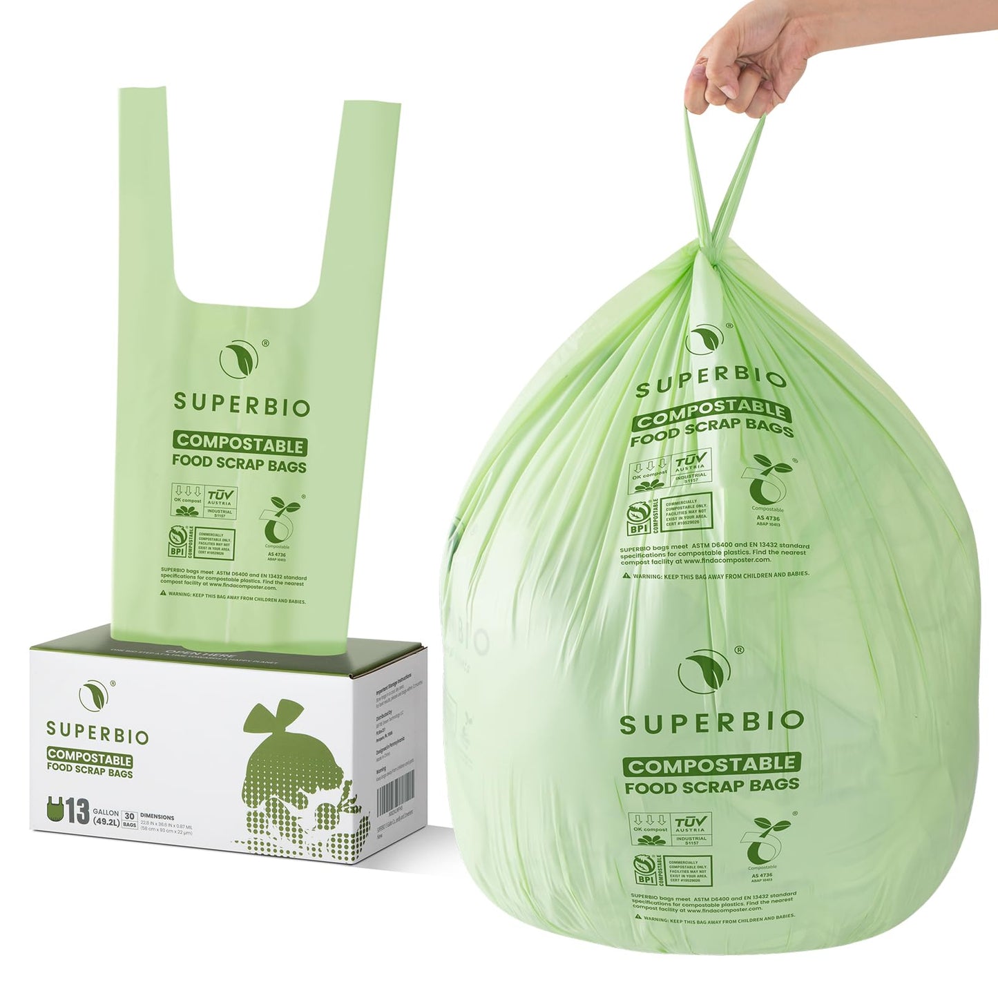 SUPERBIO Compostable Food Scrap Bags,49.2L. Certified by BPI (commercially compostable only), Seedling,OK compost HOME and OK compost INDUSTRIAL, 30 Count