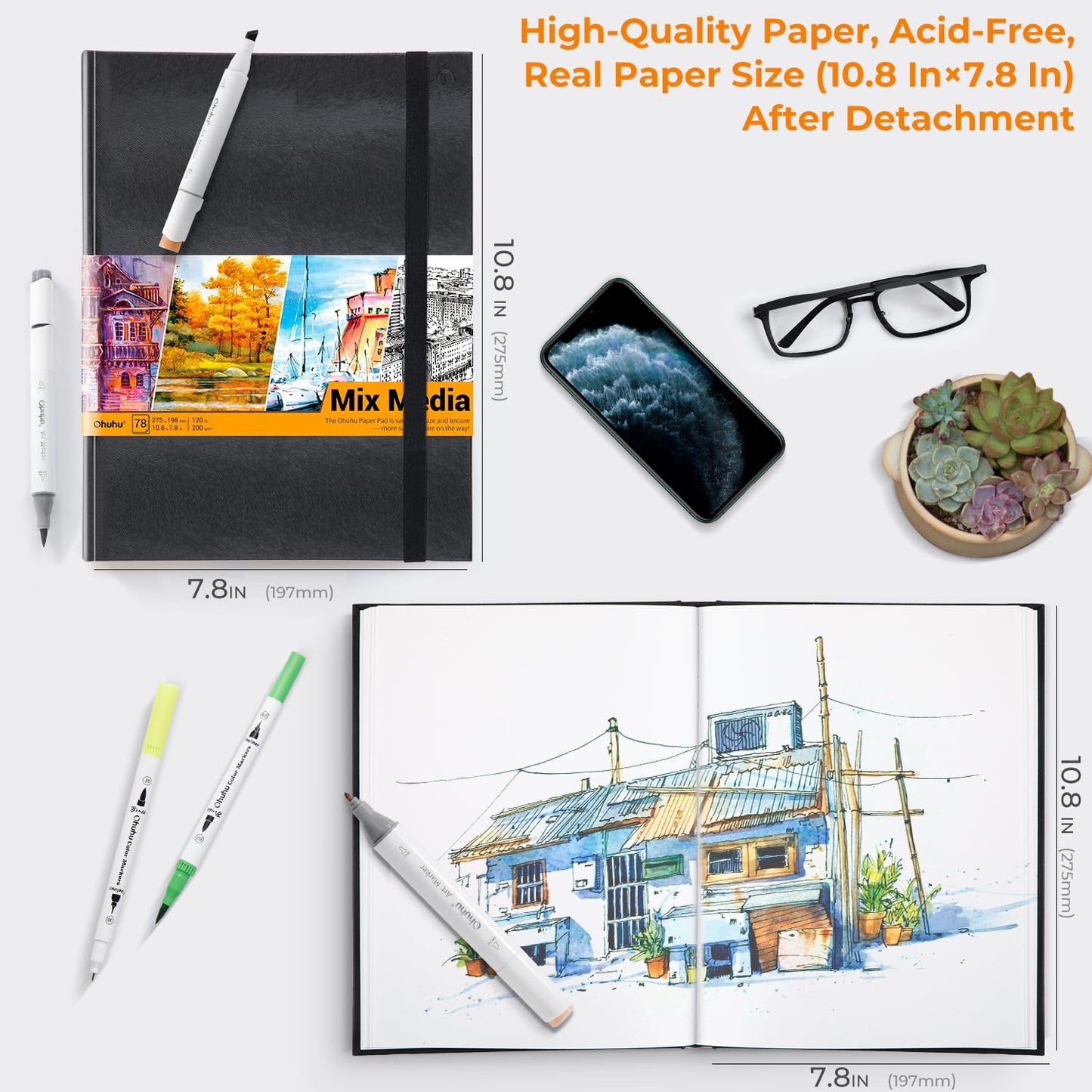 Mix Media Sketchbook, Ohuhu 10.8"×8.3" Mixed Media Art Sketchbook, 120 LB/200 GSM Heavyweight Papers, 78 Sheets/156 Pages, PU Hardcover Mixed Media Paper Pad for Acrylic, Painting, Christmas Gift
