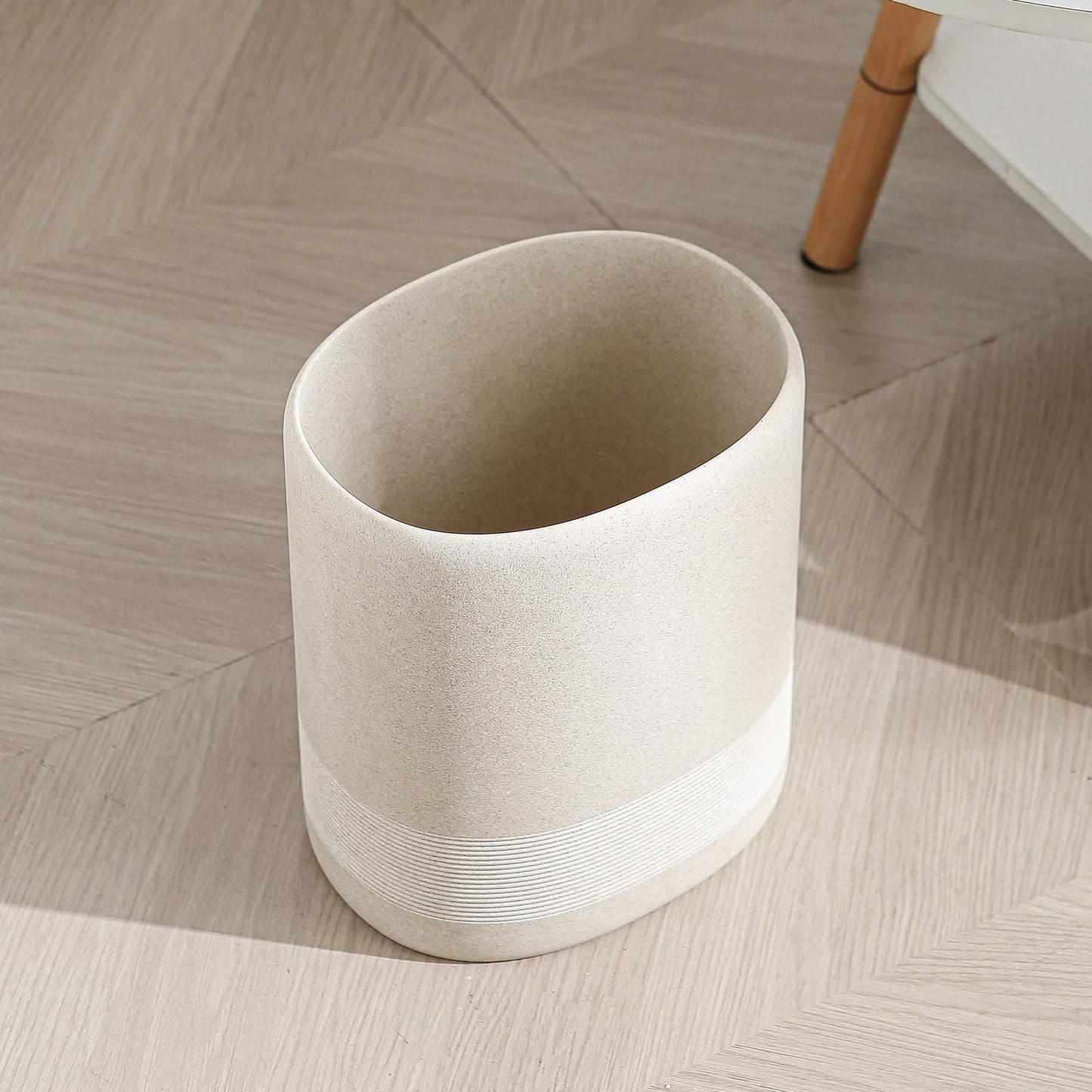 Haocoott Bathroom Trash Can, 1.6 Gallon Small Trash Can Cabinet, Simple Stone Look Oval Office Garbage Bin, Decorative Waste Basket for Bedroom, Living Room, Kitchen (Beige)