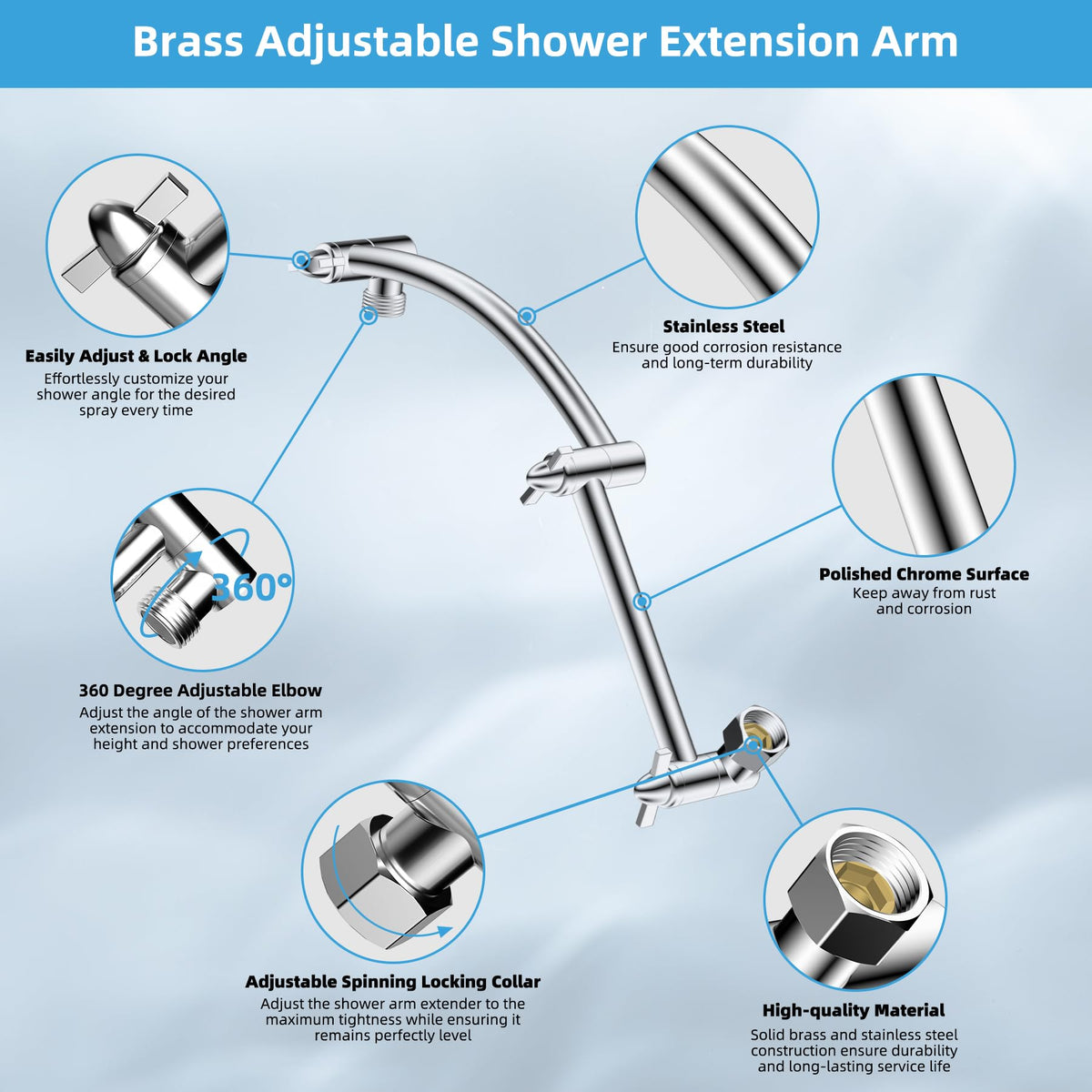 Hibbent All Metal cUPC Certified Rain Shower Head, 10'' High Pressure Rainfall Showerhead with 16" Shower Head Extension Arm, Solid Brass Adjustable Shower Arm Extender, Fixed Showerheads, Chrome