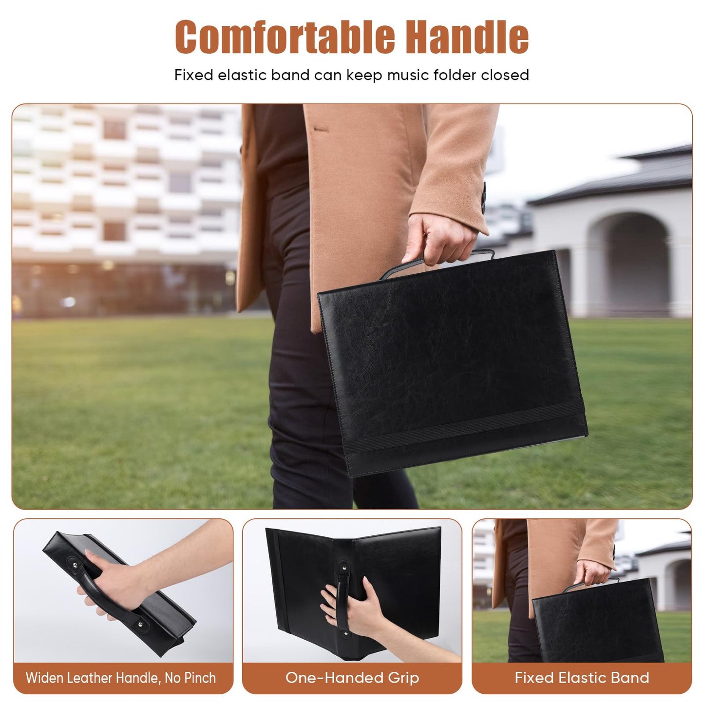 Sheet Music Folders Choir Binder: Piano Music Sheet Holder Storage Fits Letter Size 8.5 x 11 Inch - 3 Ring PU Leather Choral Music Folder with Hand Strap for Guitar, Orchestra, Band (PU Leather)
