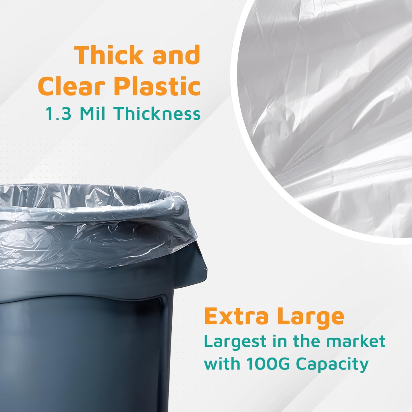 PlasticMill 100 Gallon, Clear, 1.3 Mil, 67x79, 10 Bags/Case, Garbage Bags/Trash Can Liners.