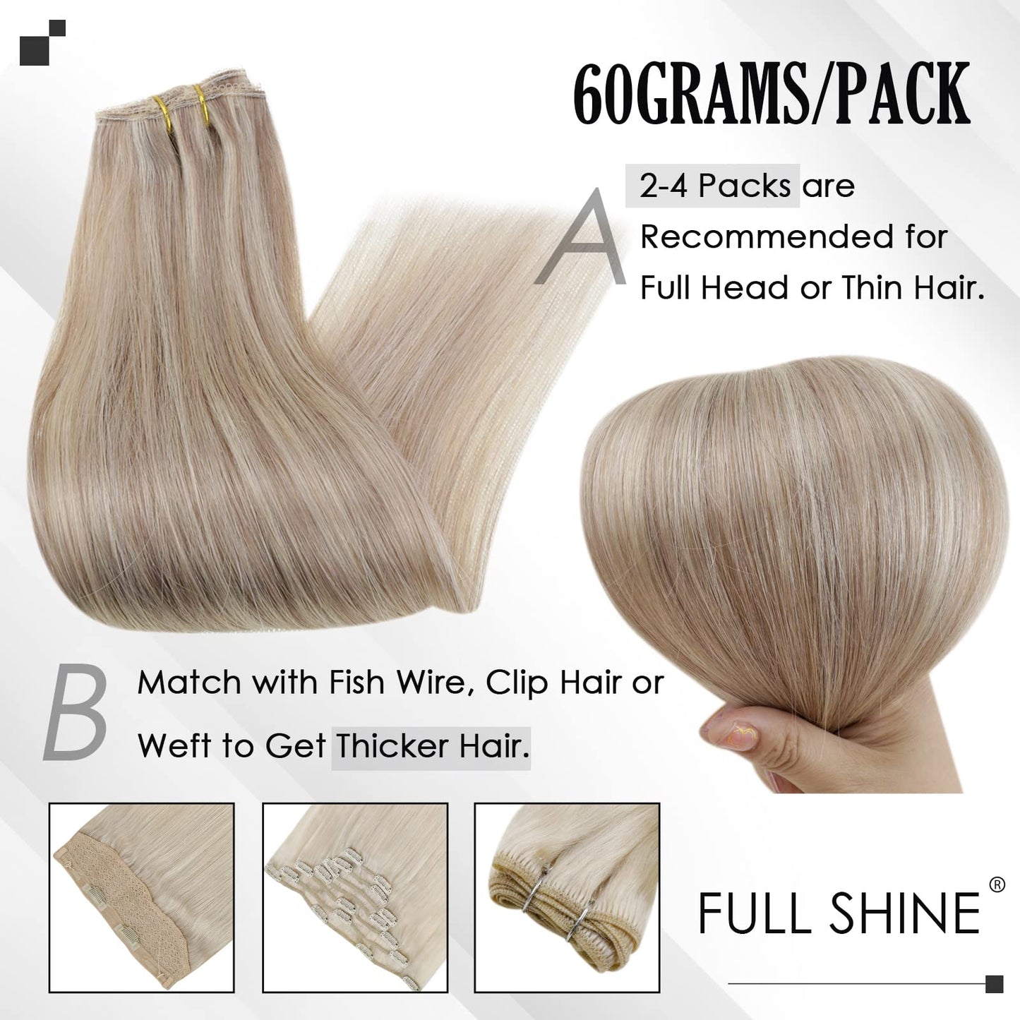 Full Shine Clip in Hair Extensions for Women Color 18 Ash Blonde and 613 Bleach Blonde 14 Inch Straight Real Human Hair Extensions Lace Clip in Extensions 60 Grams 3 Pieces Soft Natural