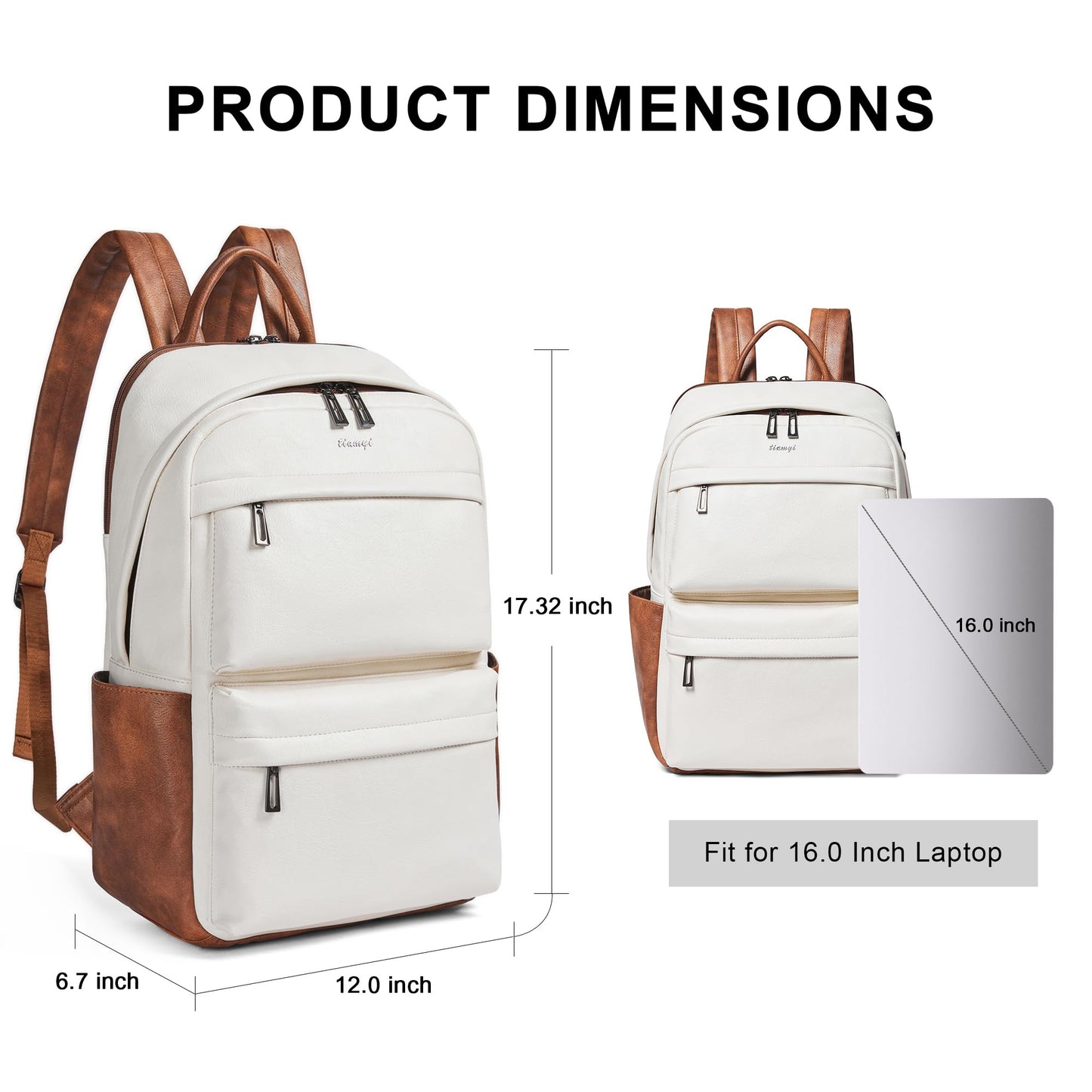 TIAMYI Vegan Leather Backpack for Women Travel Back pack with 15.6 inch Laptop Compartment, Vintage Ladies Computer Backpack, Beige