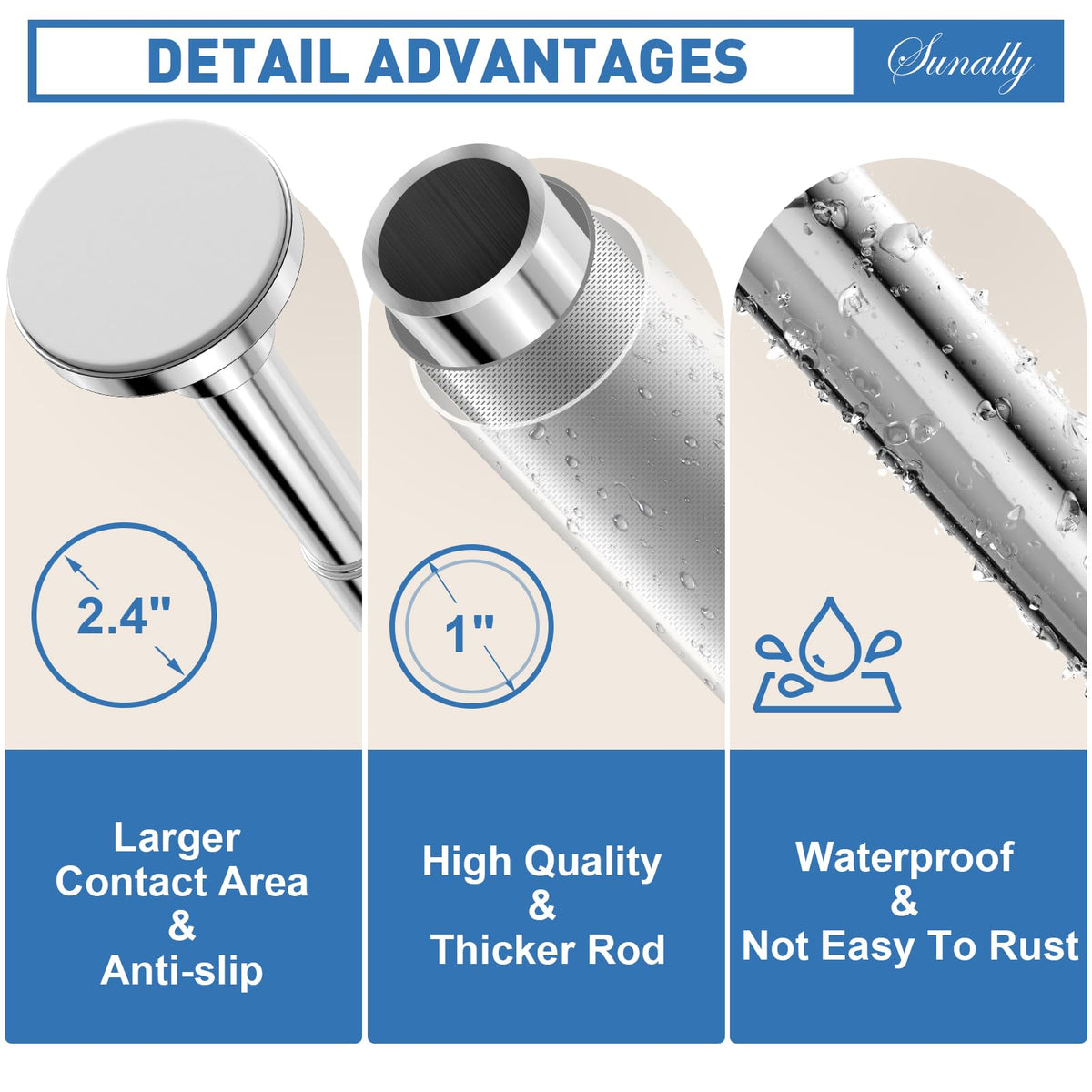 SUNALLY Shower Curtain Rod Adjustable 32-75 Inch, Spring Tension Shower Pole Rods Extendable Stainless Steel Telescoping Curtain Rod for Bathroom Windows Closet, No Drilling, No Slip, No Rust, Chrome