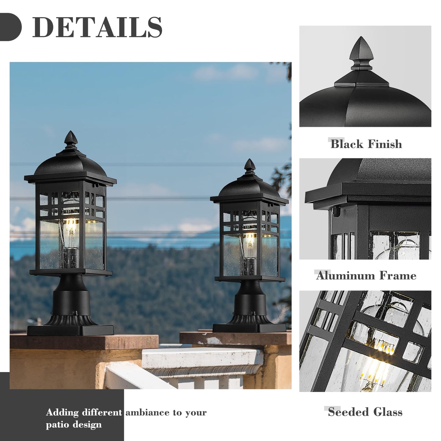 EMLIVIAR Farmhouse Outdoor Post Light for Fence, 1-Light Exterior Post Lamp for Patio Porch with Seeded Glass, 16" Height in Black Finish, DE279P BK