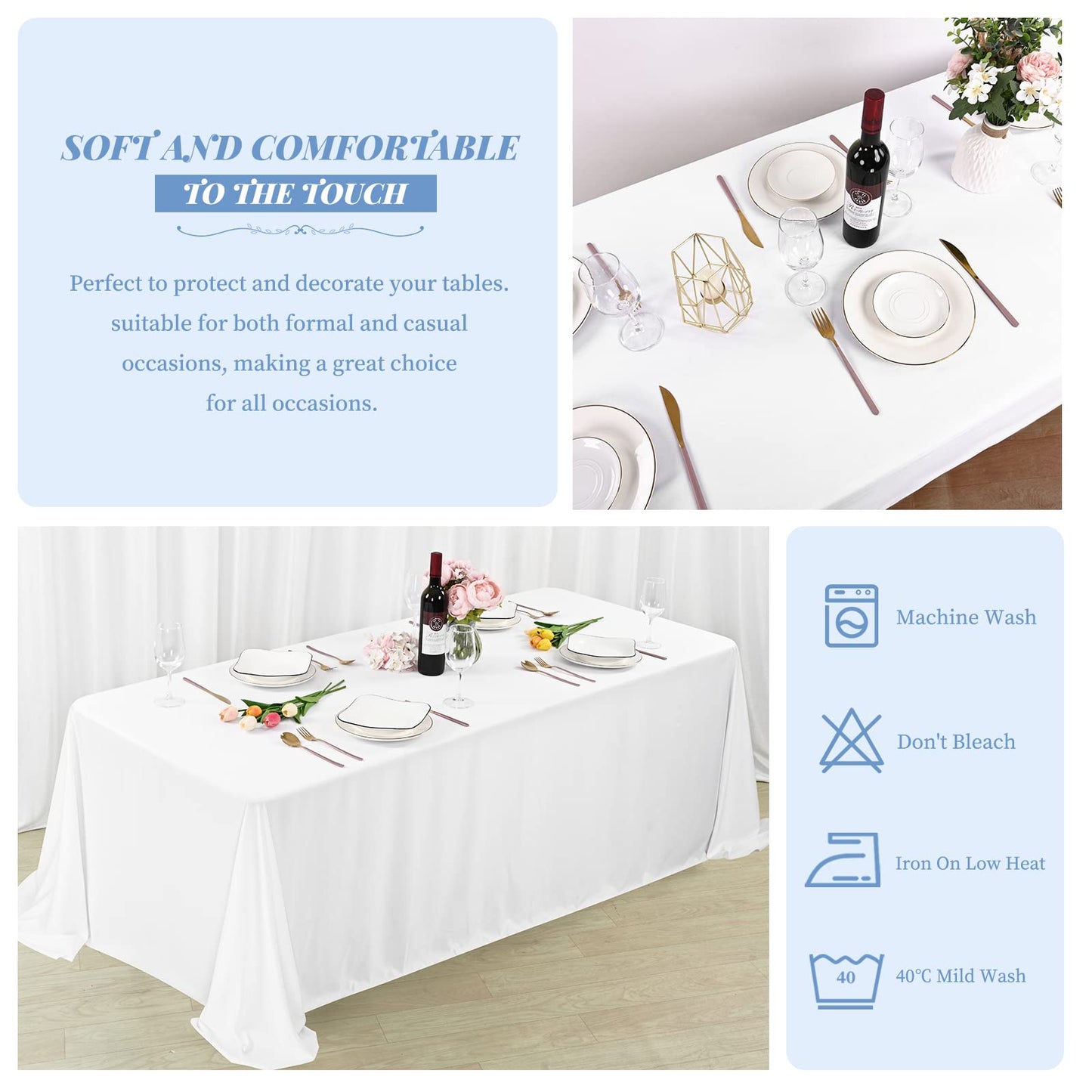 Showgeous 4 Pack White Tablecloth 90 x 156 Inch, Rectangle Tablecloth for 8 Foot Table, Stain and Wrinkle Resistant Washable Polyester Table Cloth Cover for Wedding Dining Table Buffet Party