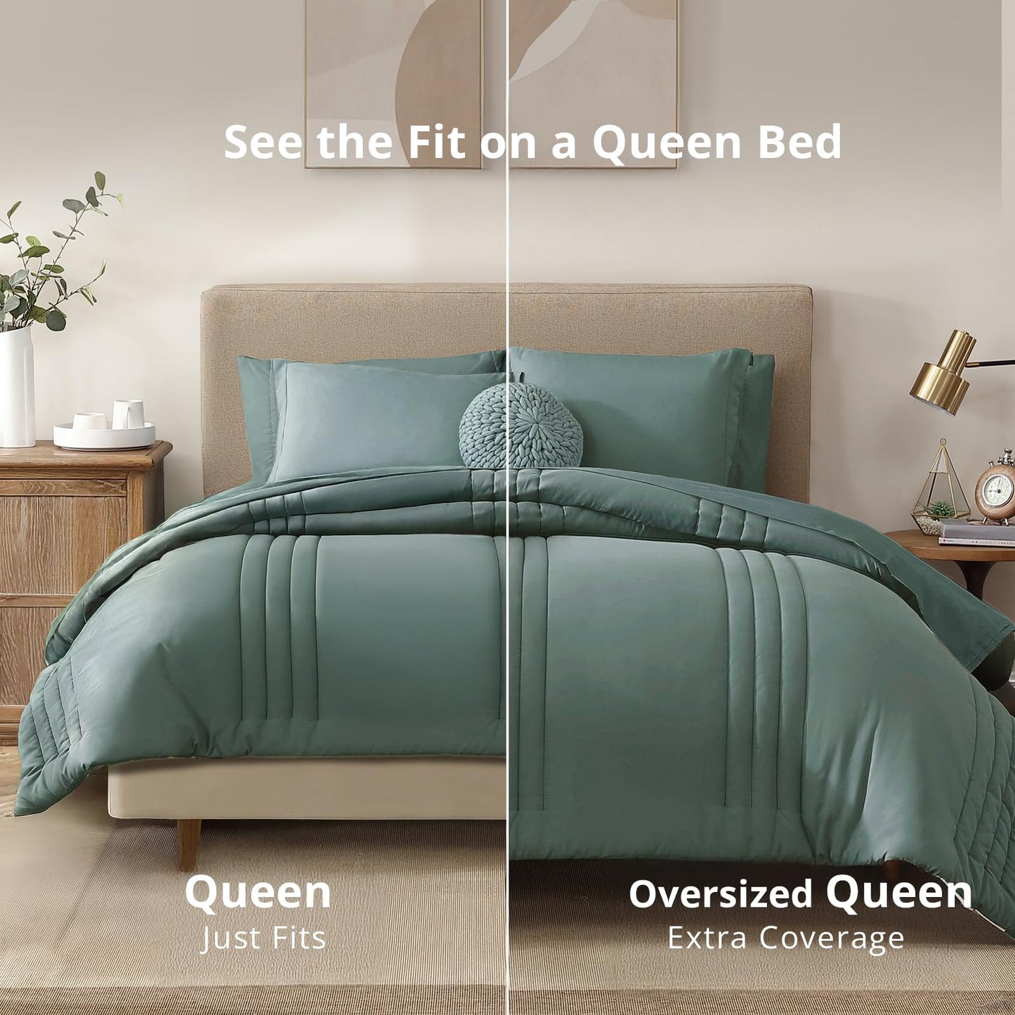 Monbix Queen Comforter Set - 7 Pieces Sage Green Bed in a Bag Queen Bedding Sets with Comforters, All Seasons Down Alternative Comforter Bed Set with Sheets,Pillowcases & Shams