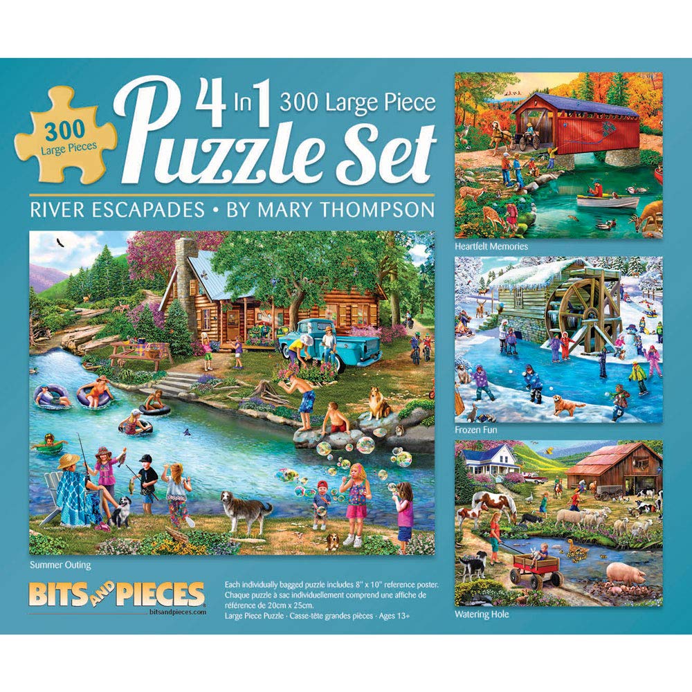 Bits and Pieces - 4-in-1 Multi-Pack - 300 Piece Jigsaw Puzzles for Adults-Each Measures 16" x 20" (46 cm x 61 cm)-River Escapades by Artist Mary Thompson