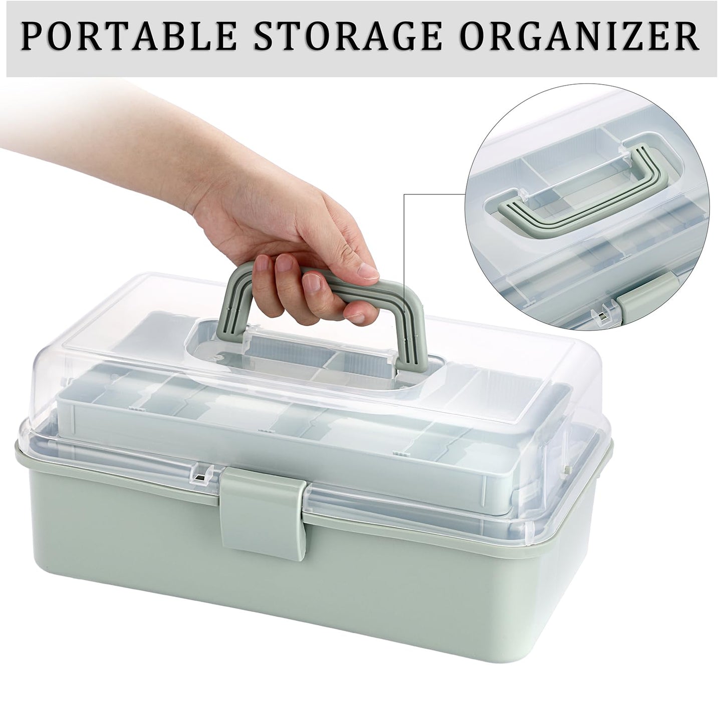 JuxYes Three Layer Multipurpose Storage Box, 3-Layer Art Craft Storage Container Clear Plastic Folding Tool Box Art Crafts Case Sewing Supplies Organizer with 2 Tray, Green