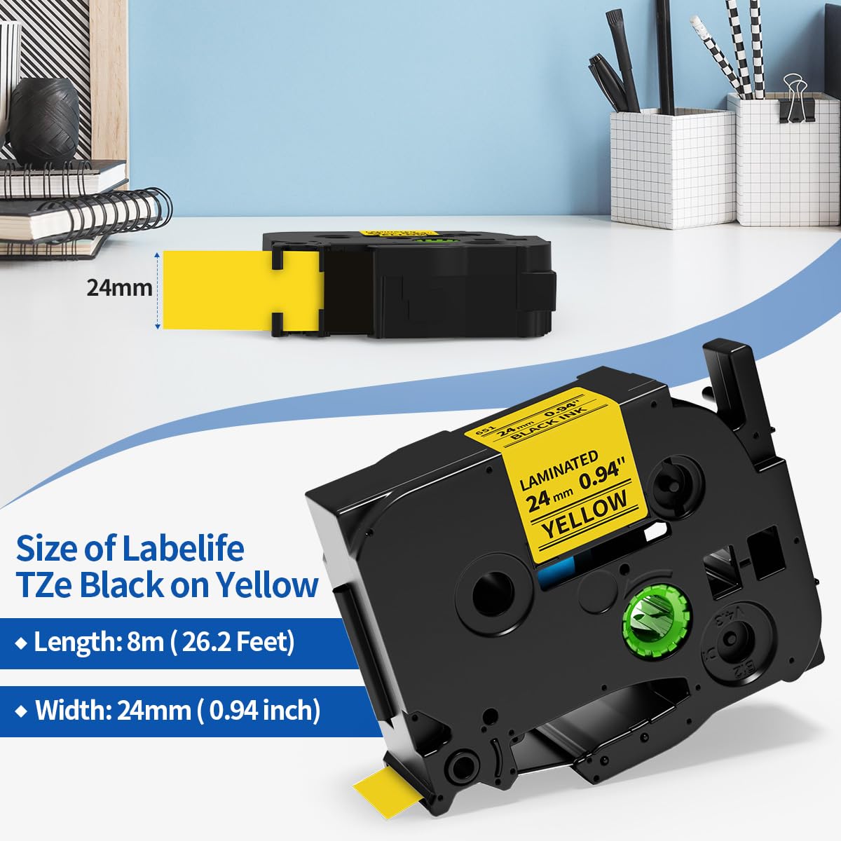TZe-651 24mm Label Tape Replace for Brother P Touch TZe TZ Tape 24mm 0.94'' Laminated Yellow TZe651 TZ651 for Ptouch PTD600 PTD400AD PT1880 Label Makers, 4-Pack Black on Yellow 1 Inch