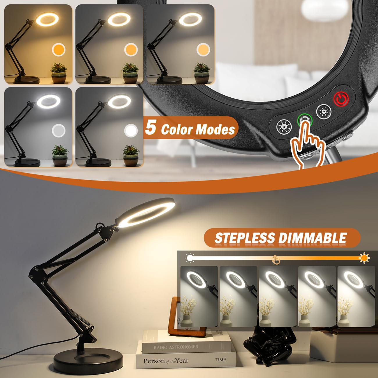 Veemagni 12X Magnifying Glass with Light, 5 Color Modes Stepless Dimmable 2-in-1 Desk Lamp and Clamp, LED Lighted Magnifier with Light and Stand, Hands Free for Craft Repair Hobby Painting Close Work