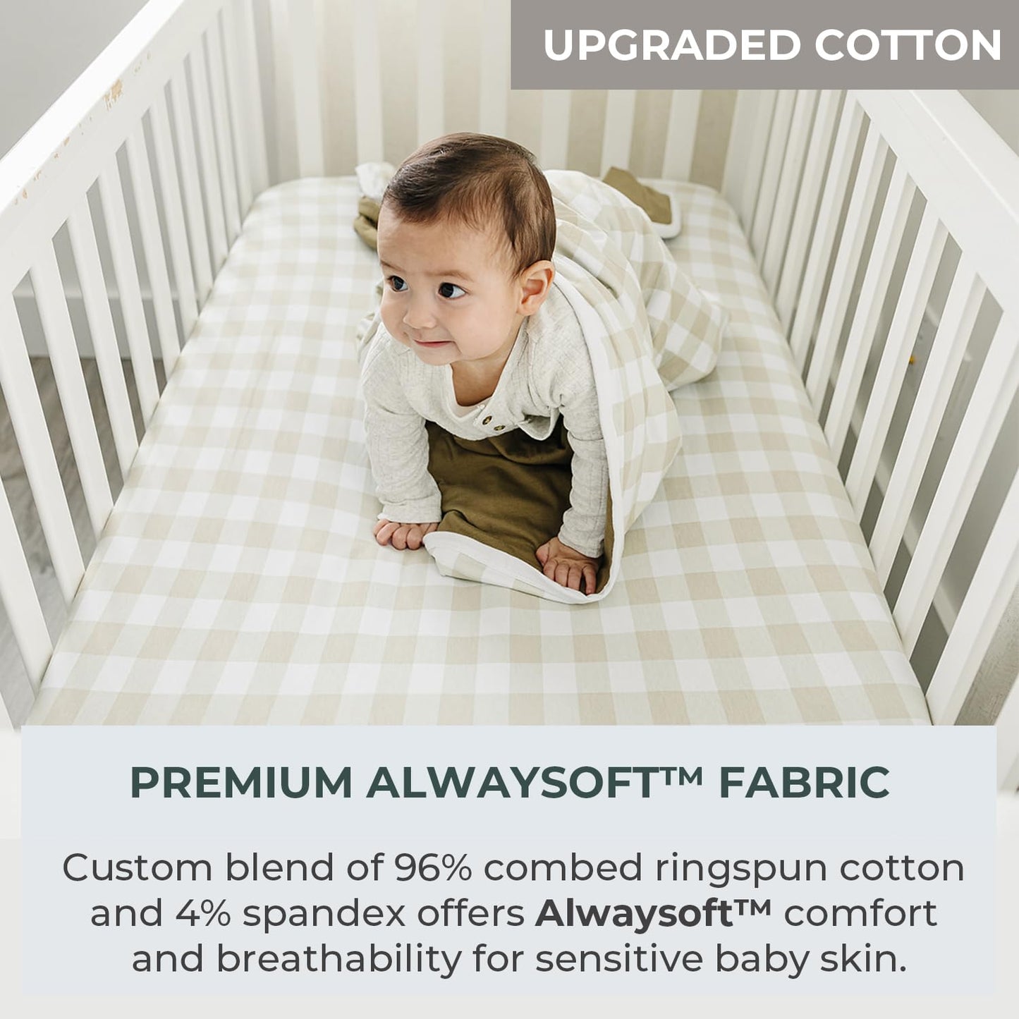 Pobibaby - 2 Pack Premium Fitted Neutral Crib Sheets for Standard Crib Mattress - Ultra-Soft Cotton Blend, Safe & Snug Fit, Stylish Gingham Crib Sheet (Khaki)