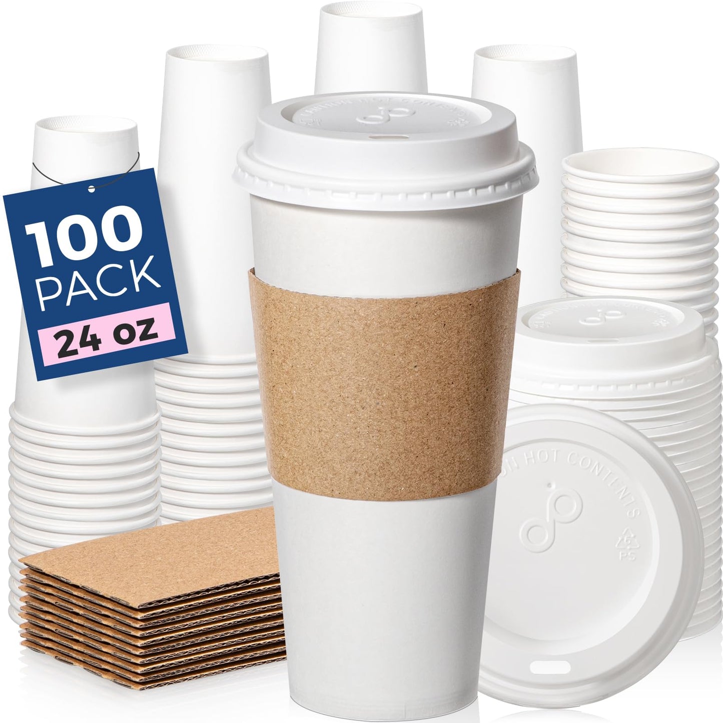 Fit Meal Prep 100 Pack 24 oz Disposable Coffee Cups with Lids, Sleeves, Leak-Proof To Go Coffee Cups, Durable Paper for Home, Office, Party, Business