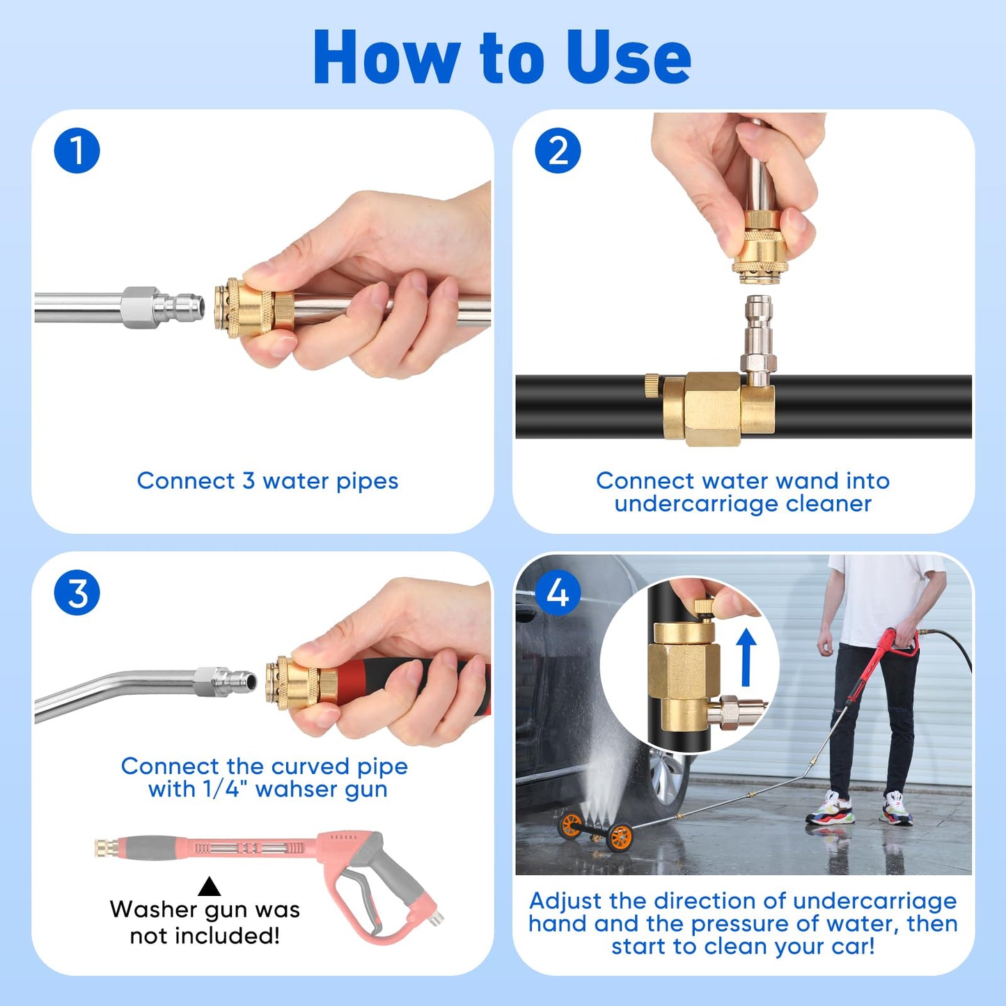 2-in-1 16' Undercarriage Pressure Washer Water Broom, 4000PSI Under Car Pressure Washer Attachment with 3 Pieces Extension Wand & Hub Brusher, Surface Cleaner (Without Bottle& Replaceable Nozzle)