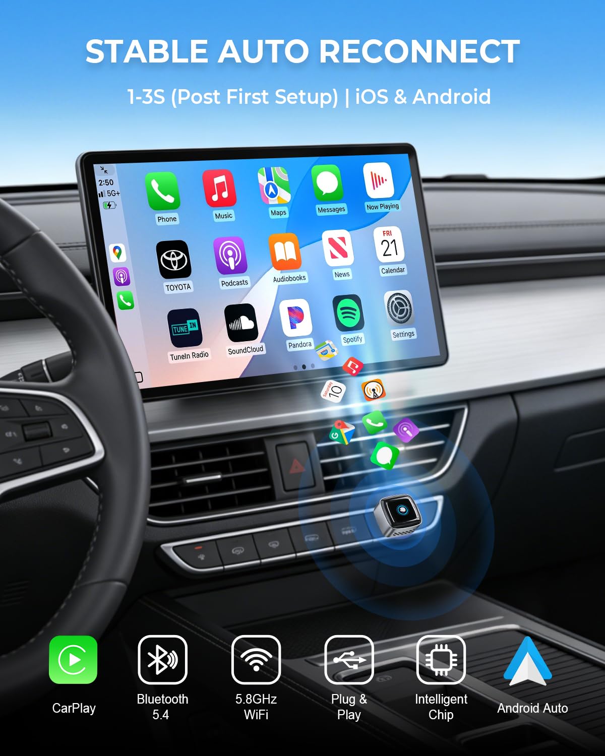 Wireless CarPlay Adapter for iPhone & Android Auto, 2-in-1 Wired to Wireless Carplay, 1-Click Switch/Disconnect Plug & Play Fast Connect, Lag-Free Mini Adapter for Apple iOS 10+/Android 11+/2016+ Cars