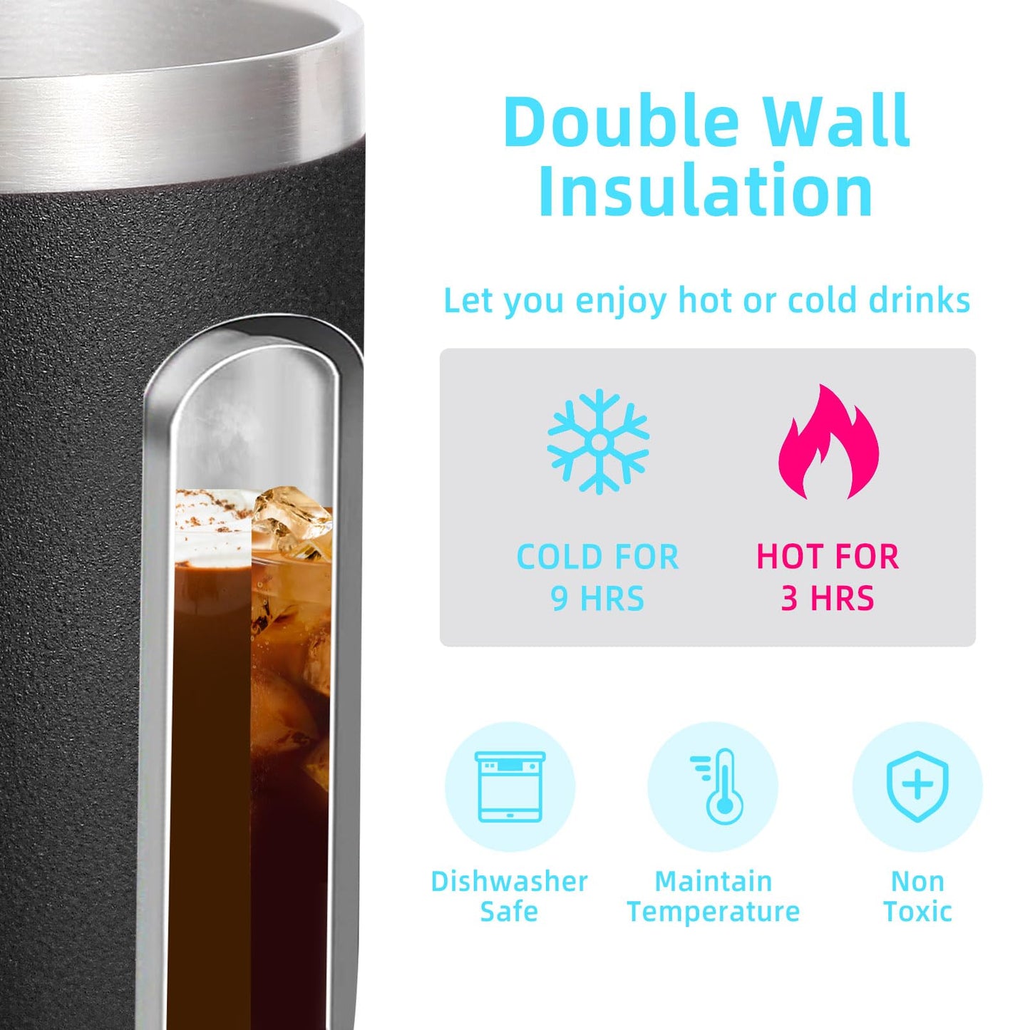 Volhoply 14oz Insulated Stainless Steel Coffee Mug with Lid Bulk 8 Pack,Double Wall Vacuum Travel Coffee Cup with Handle,Reusable Metal Cups Tumbler,Camping Mugs Keep Hot/Cold(Black,8)